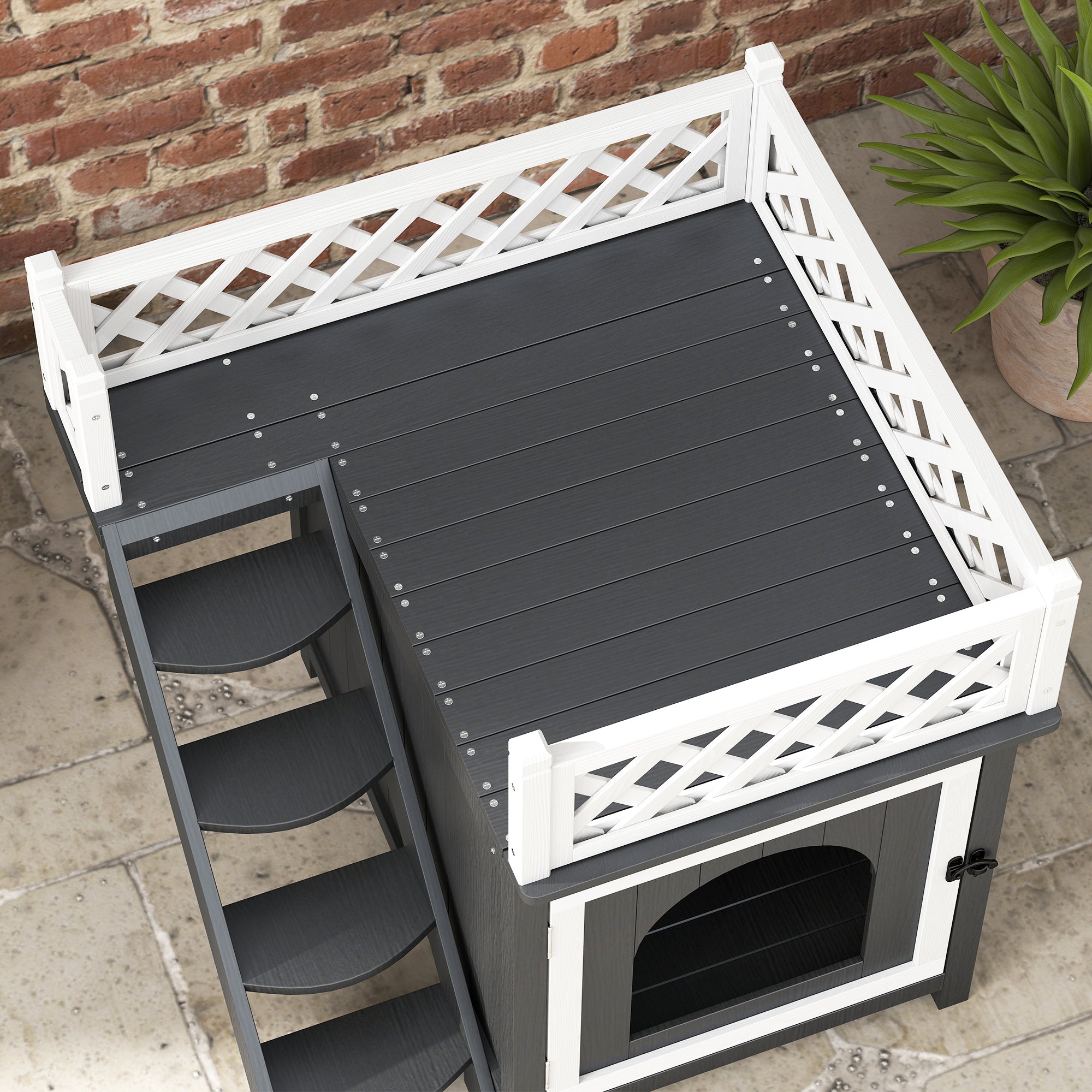 PawHut Katzenhaus, zweistöckig, mit Balkon und Treppe, für drinnen und draußen, für Katzen und Kaninchen, Tannenholz, Grau