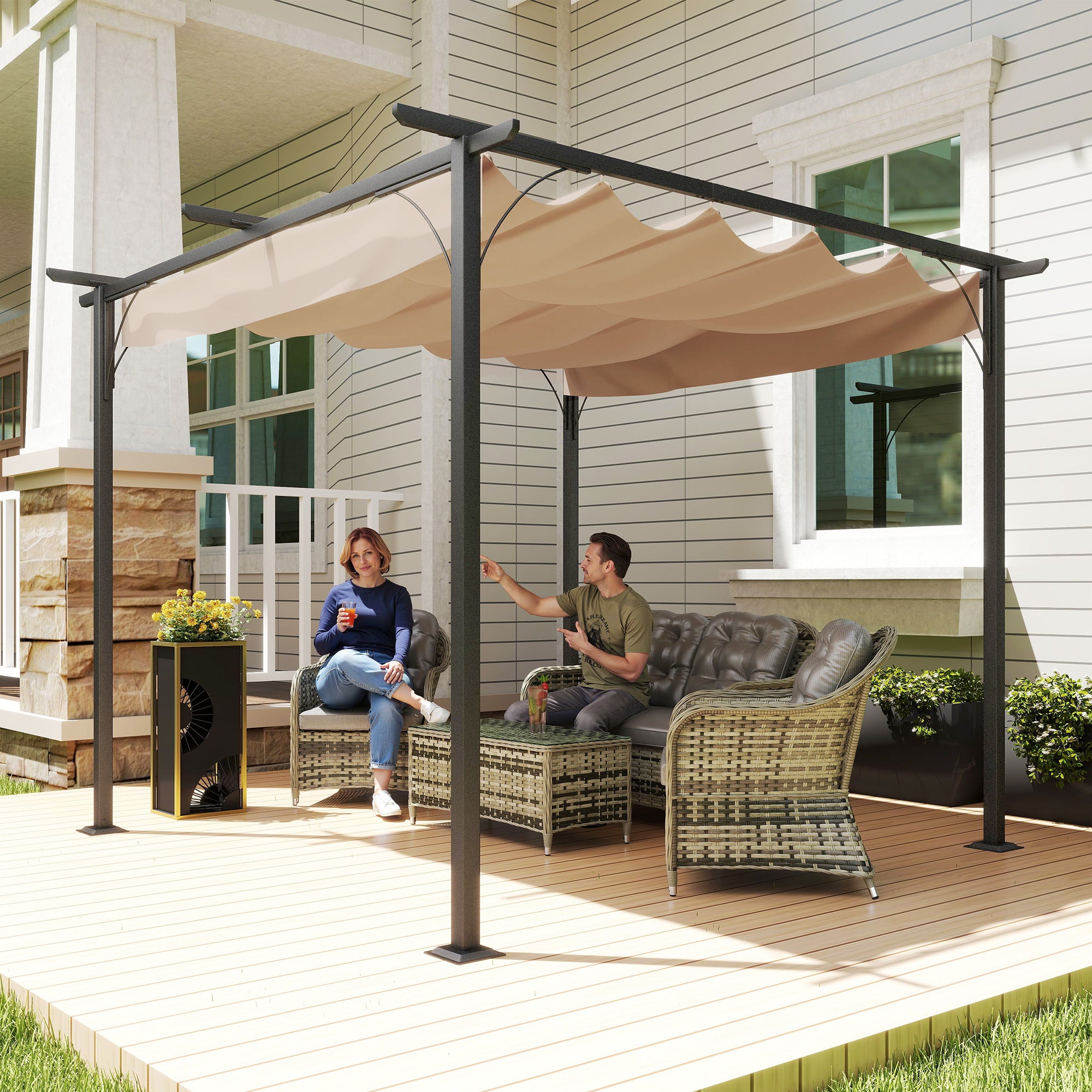 Outsunny Pergola Wasserdichter Pavillon 3 x 3 m Terrassenüberdachung mit Schiebedach, UV-Schutz für Garten Beige