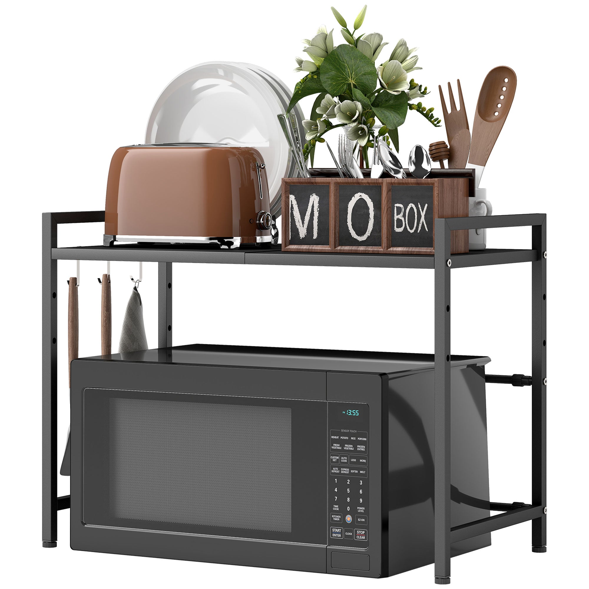 HOMCOM Mikrowellenregal, 3 Haken, ausziehbar, Metall, 40 cm hoch, Schwarz