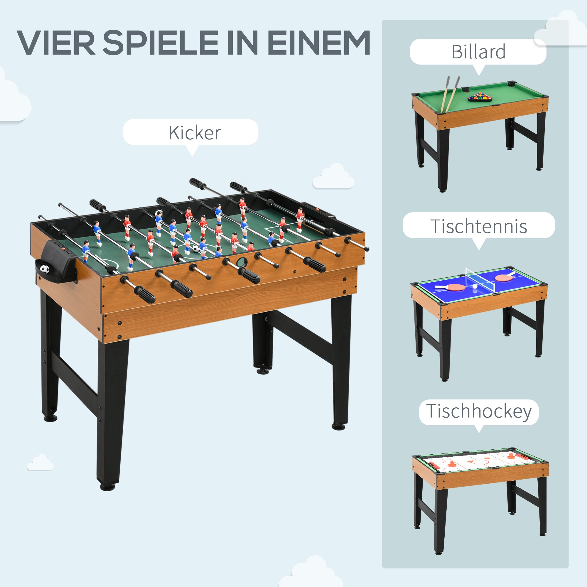 HOMCOM 4-in-1 Partyspieltisch inkl. Tischtennis, Kicker, Billard, Tischhockey, Metall, Holz, Natur+Schwarz