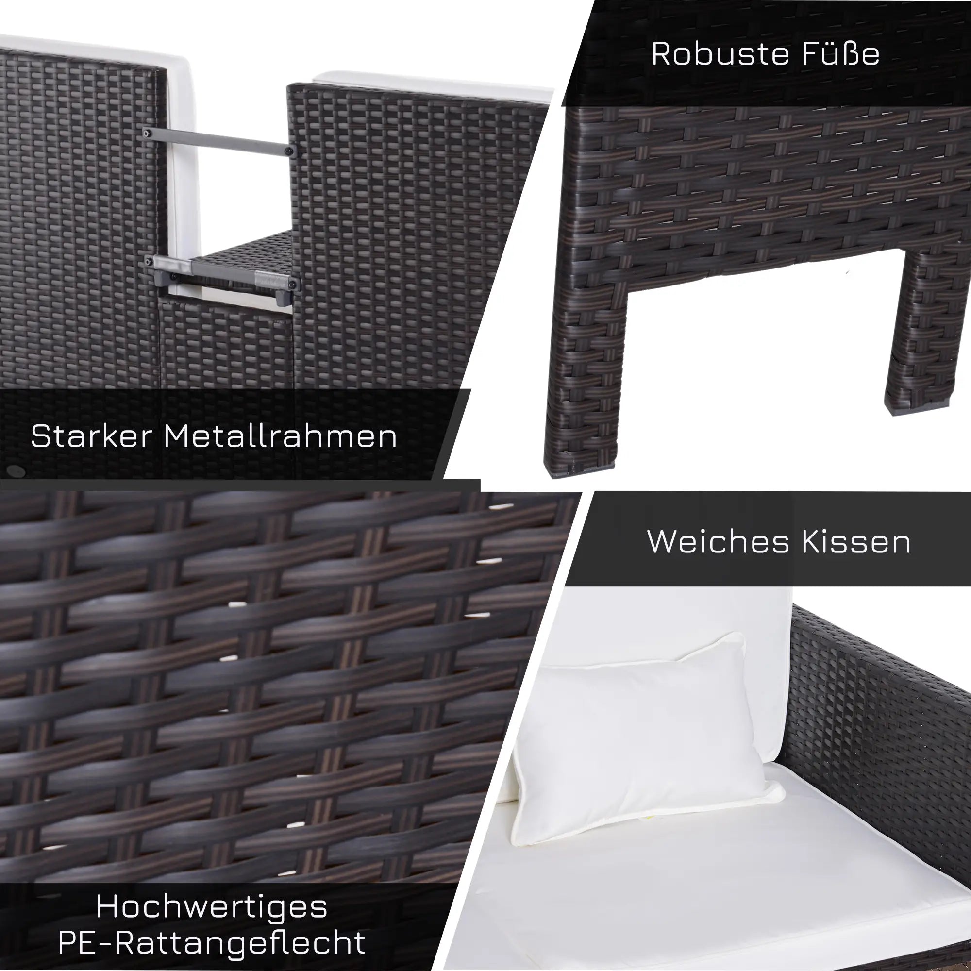 Outsunny Polyrattan Gartensofa-Set 3-teilig mit Hocker Kissen Outdoor