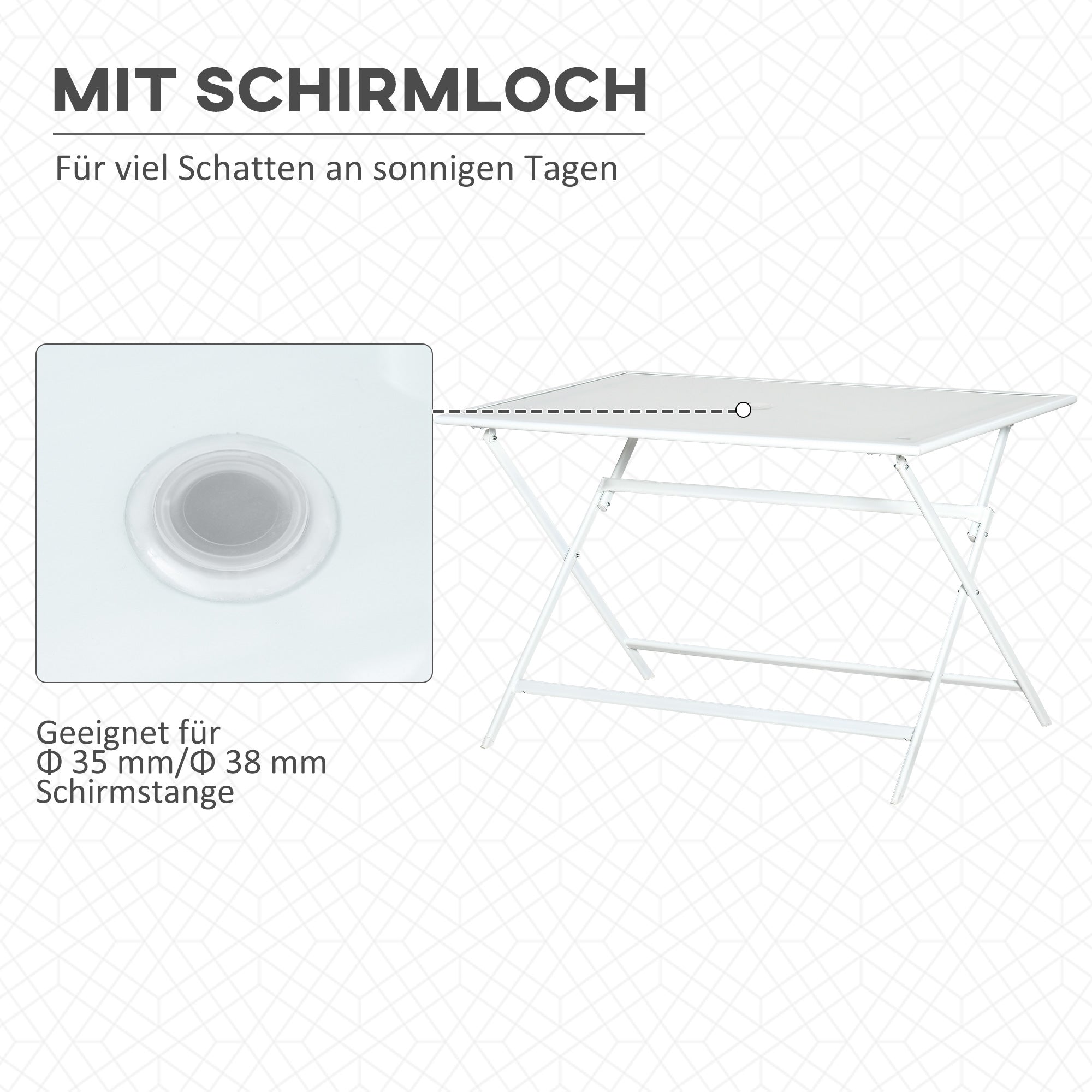 Outsunny Klapptisch Gartentisch mit Ø42mm Ø50mm Schirmloch Falttisch klappbar Beistelltisch Balkontisch Picknicktisch Esstisch Metall gehärtetes Glas Weiß 110 x 70 x 70 cm