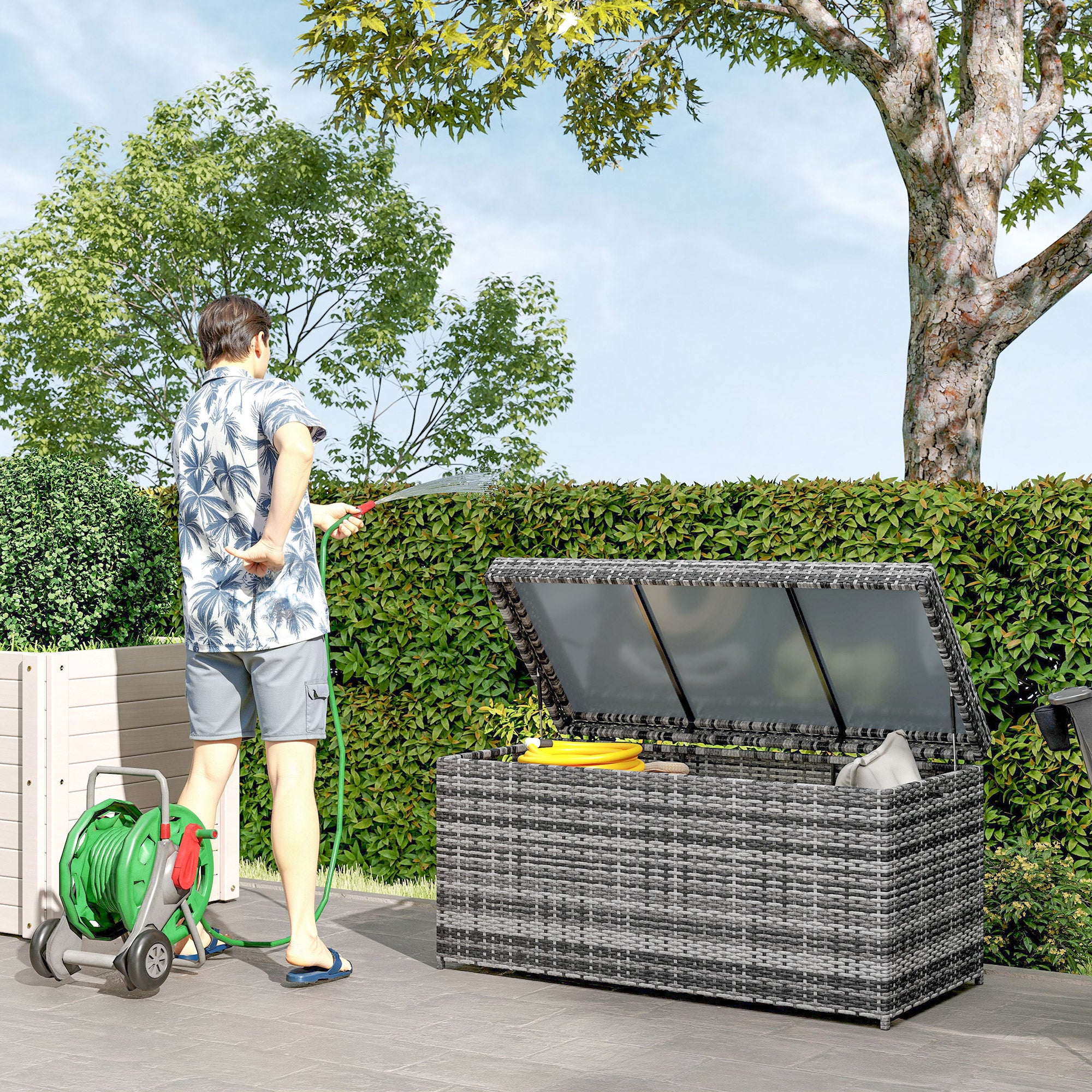 Outsunny Rattan Auflagenbox 380L wetterfest Kissenbox mit Deckel Stauraum UV-beständig 130 x 61 x 65 cm Dunkelgrau