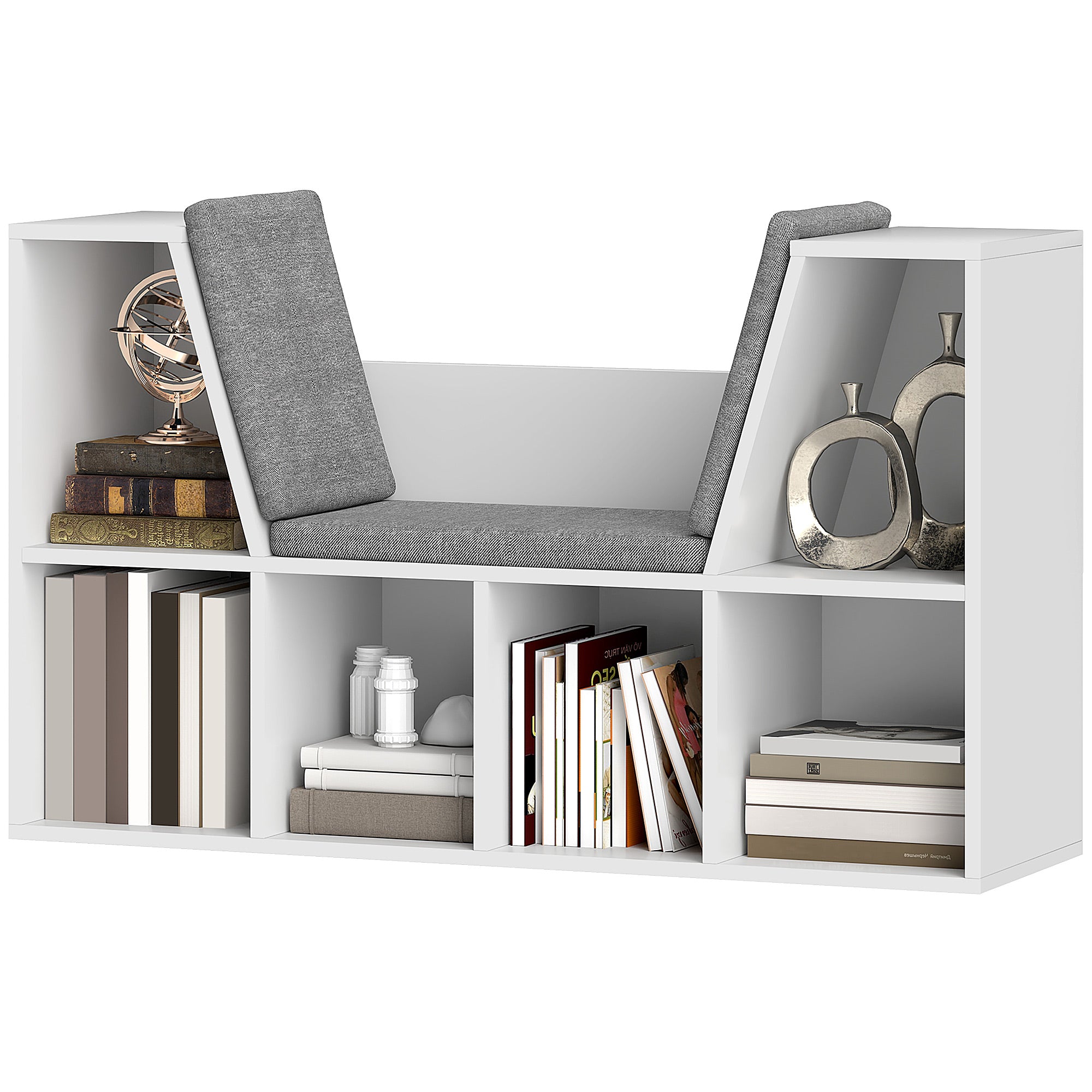 HOMCOM Bücherregal mit Sitzfläche, 6 Fächer, gepolstert, 105 x 30 x 63 cm, Weiß