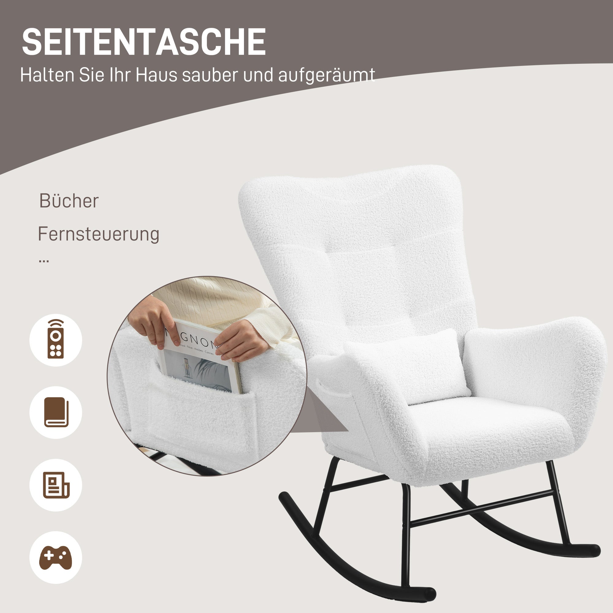 HOMCOM Schaukelstuhl, flauschiger Bezug, Lendenkissen, rutschfest, bis 120 kg, Weiß