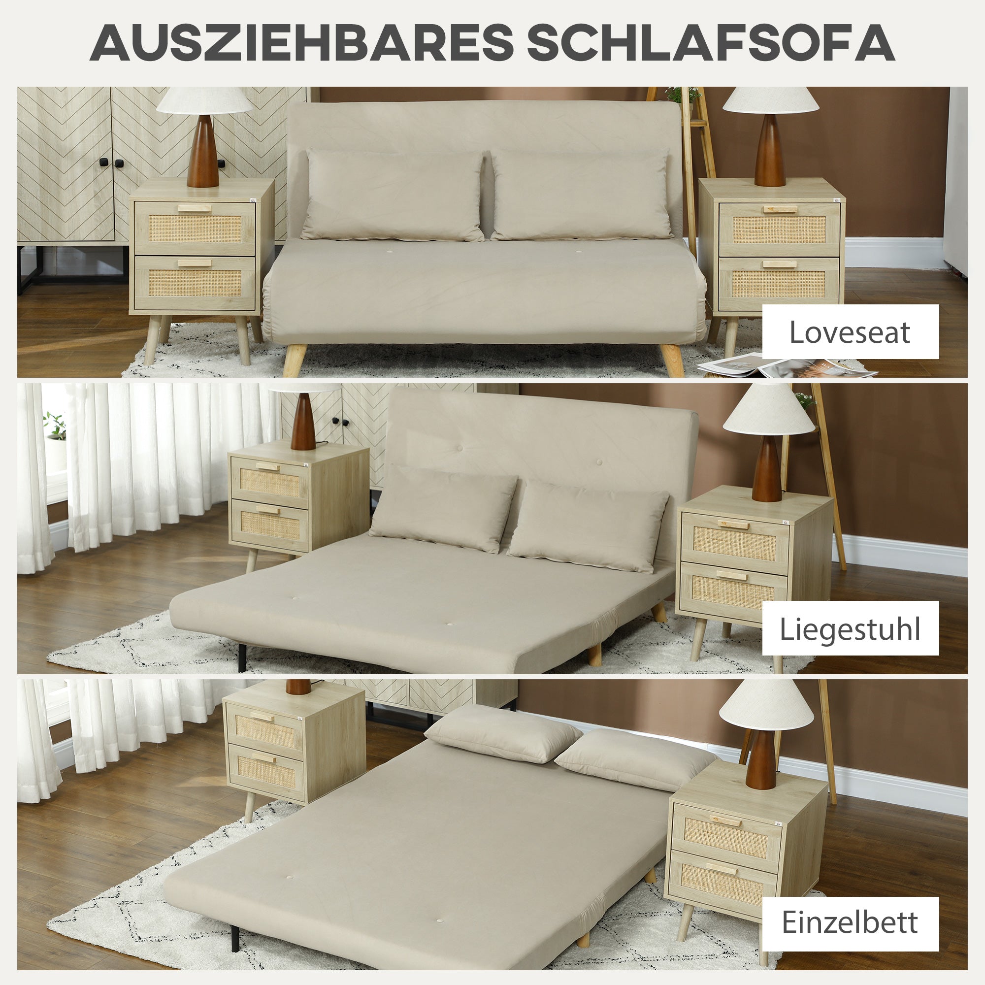 HOMCOM Schlafsofa Relaxsofa Sofa Couch, inkl. 2 Kissen, Samtoptik, 130 x 78 x 79 cm, Beige