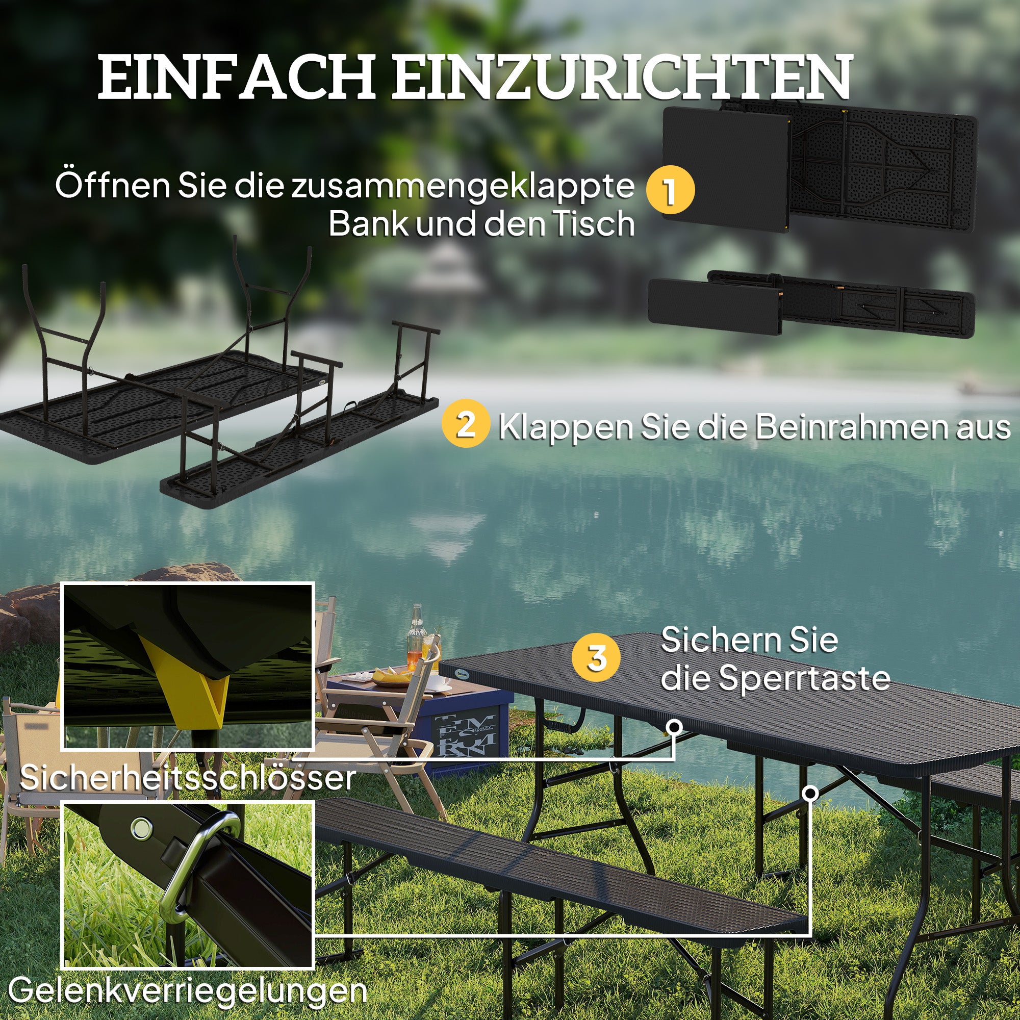 Outsunny Picknicktisch und Bänke, 3-teiliges Set, faltbar, Kunststoff, Metall, Schwarz