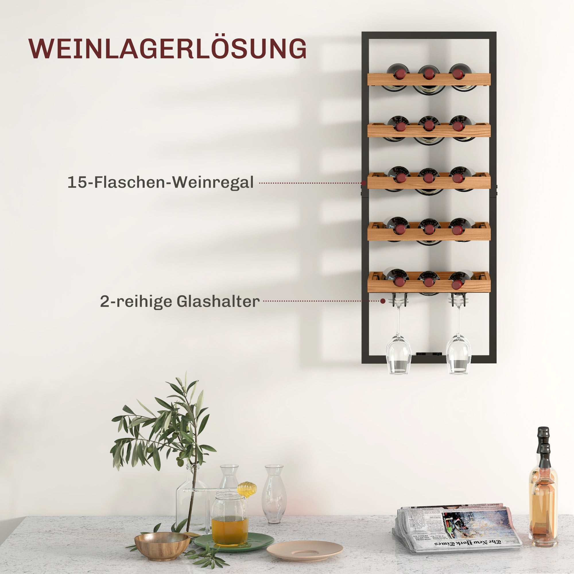 HOMCOM Wand-Weinregal, 5 Ebenen, Flaschenhalter, Gläserhalter, Kiefernholz, Stahl, Hausbar, Küche, Wohnzimmer, Braun