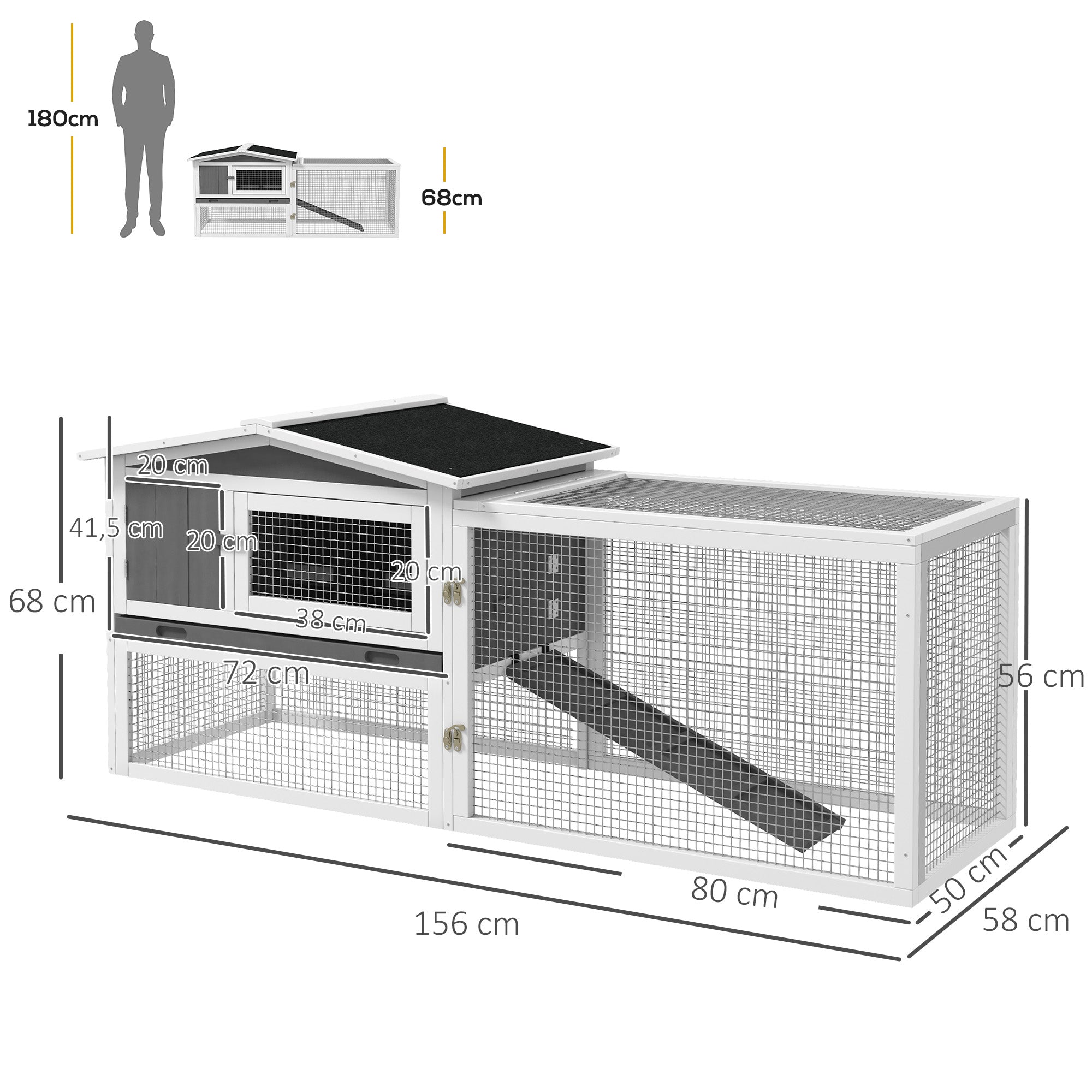 PawHut Kaninchenstall aus Tannenholz, Kleintierhaus mit Asphaltdach, Kleintiergehege, 156 x 58 x 68 cm, Hellgrau