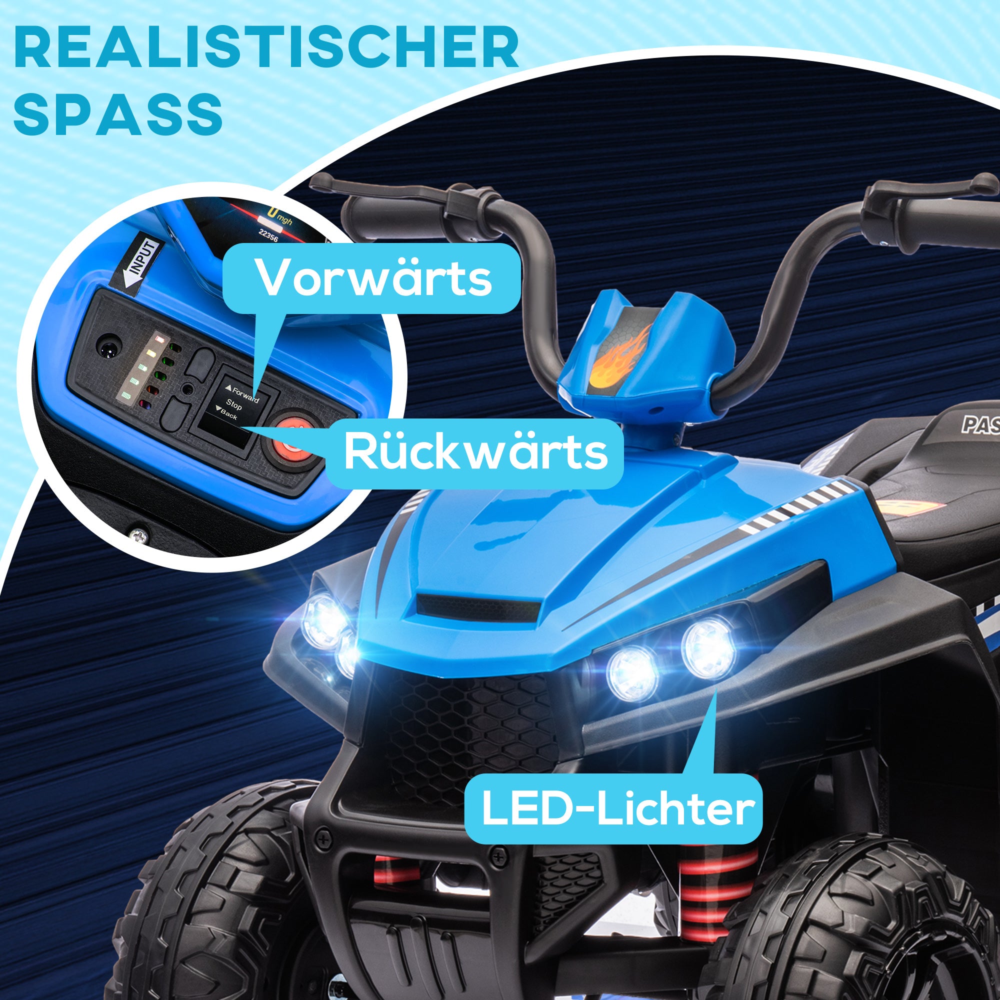 AIYAPLAY Elektro-Kinderquad, Licht & Musik, Federung, 5 km/h, 50 Min. Fahrzeit, für 3-5 Jahre, Blau