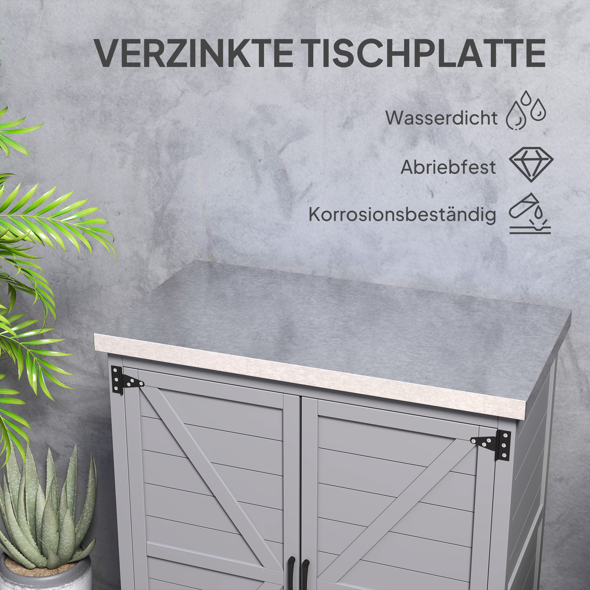 Outsunny Gartenschrank, Außenschrank mit Arbeitsfläche, Werkzeugschrank, Massivholz, Stahl, 79B x 43T x 92H cm, Grau