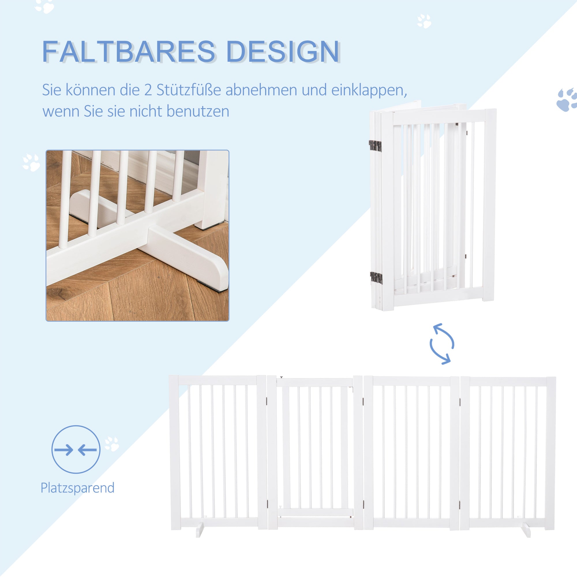 PawHut Absperrgitter Hund 4-teilig, 220 x 91 cm Faltbar Türschutzgitter mit Tür, Freistehend Hundegitter mit 2 Stützfüßen, Treppengitter aus Holz für Flur, Küche, Treppe, Weiß