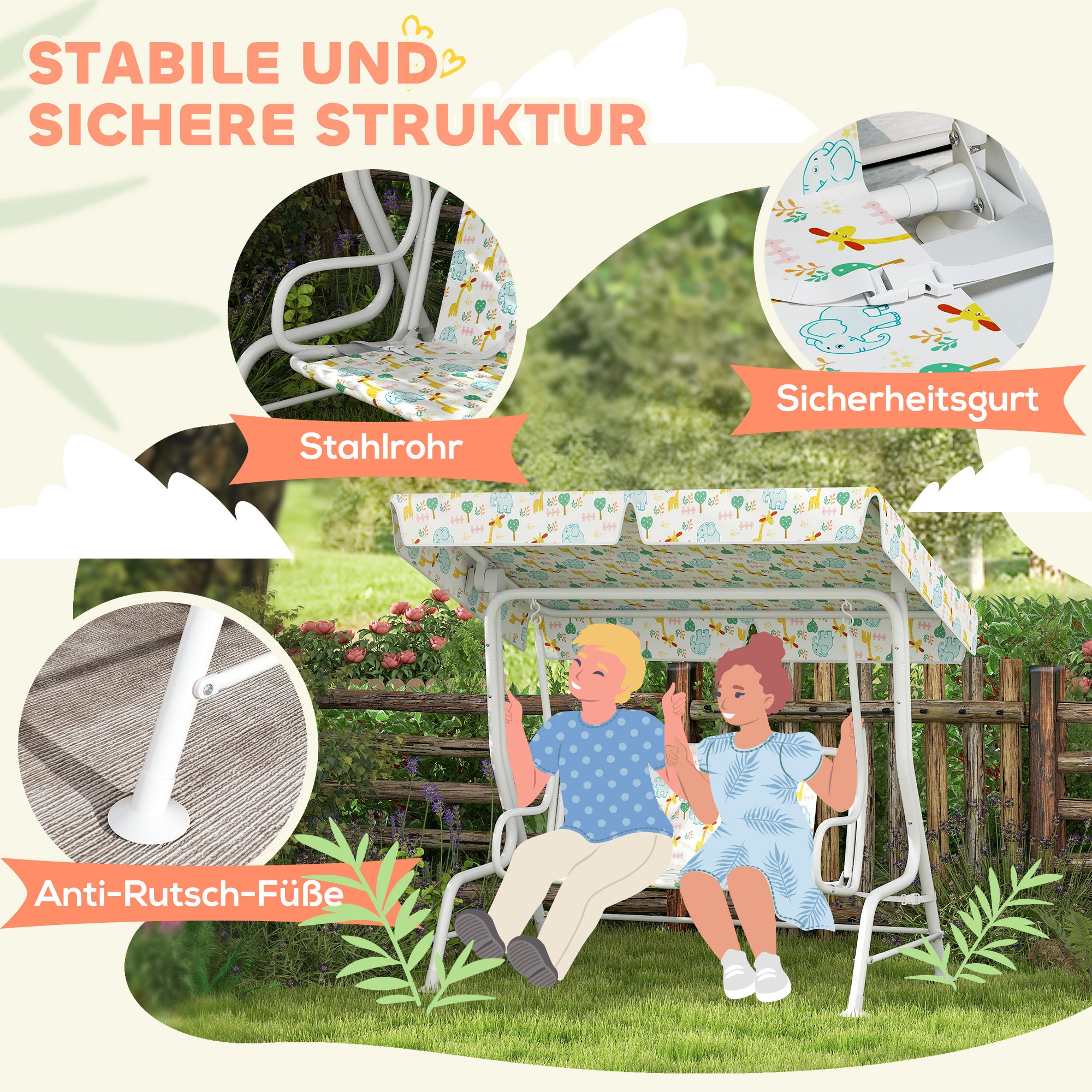AIYAPLAY Hollywoodschaukel für Kinder, Stahlrahmen, 2-Sitzer, 60 kg belastbar, Weiß