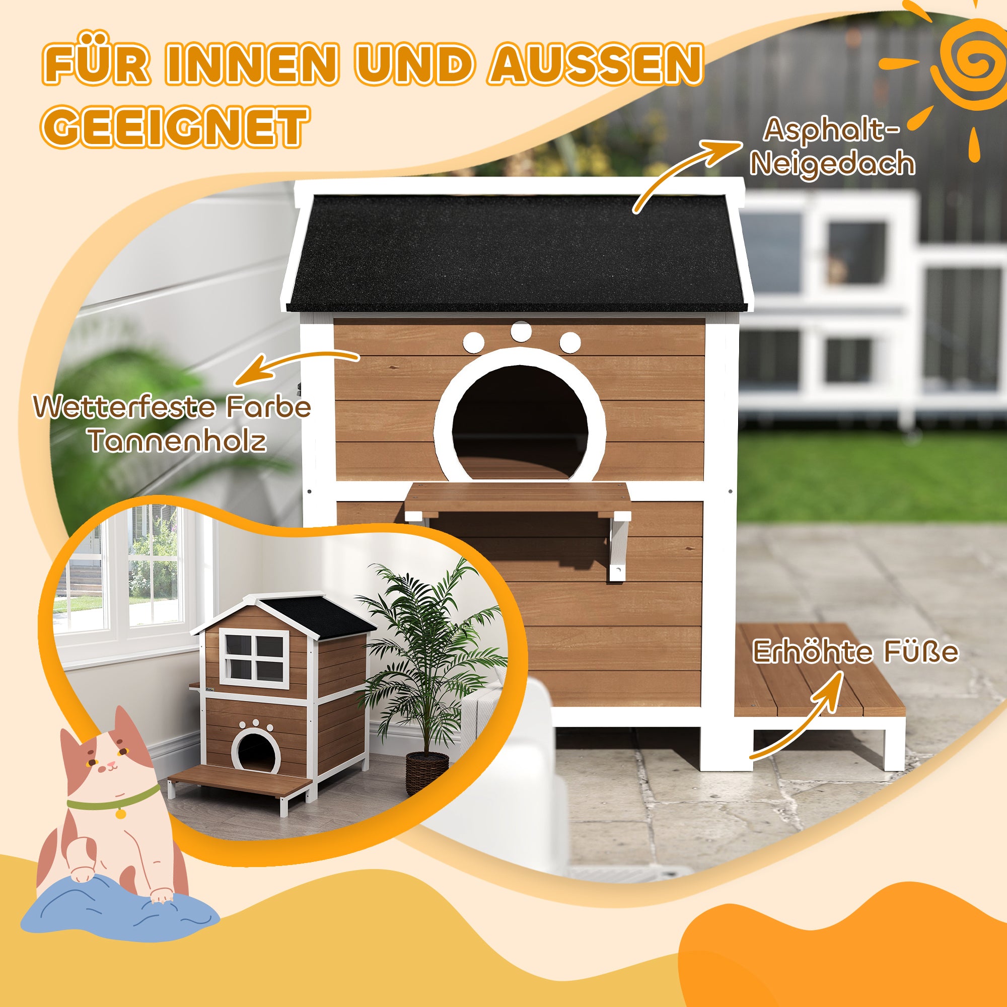 PawHut Outdoor-Katzenhaus mit wetterfestem Dach, Fenster, Balkon, herausnehmbarem Boden, 2 Ebenen, für 1-2 Katzen, Braun