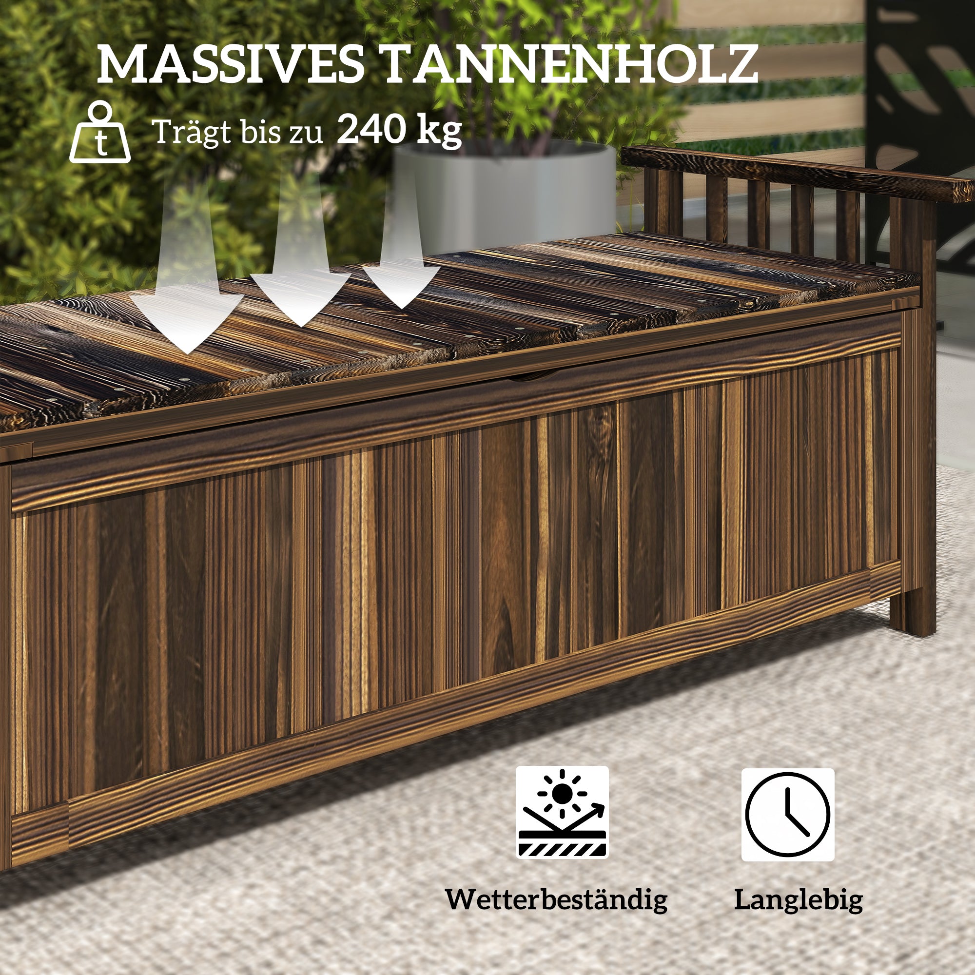 Outsunny 2-Sitzer Gartenbank Holz, wetterfest Sitzbank, Gartenmöbel mit Stauraum Armlehnen 128,5 x 56 x 53,5cm, Verkohlt