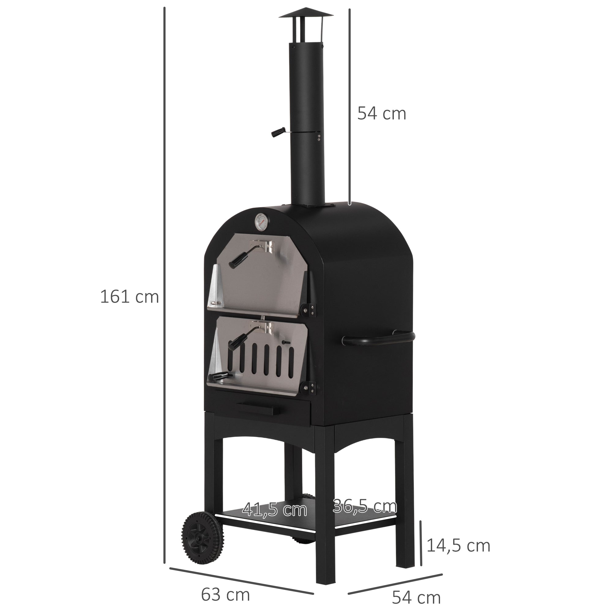 Outsunny 2-In-1 Pizzaofen Outdoor mit Rollen Grillofen mit Schutzhülle Pizzaschaufel 2 Grillnetzen Grillwagen mit Schornstein 3-Tier Holzbackofen für BBQ Stahl Schwarz+Silber 63 x 54 x 161 cm