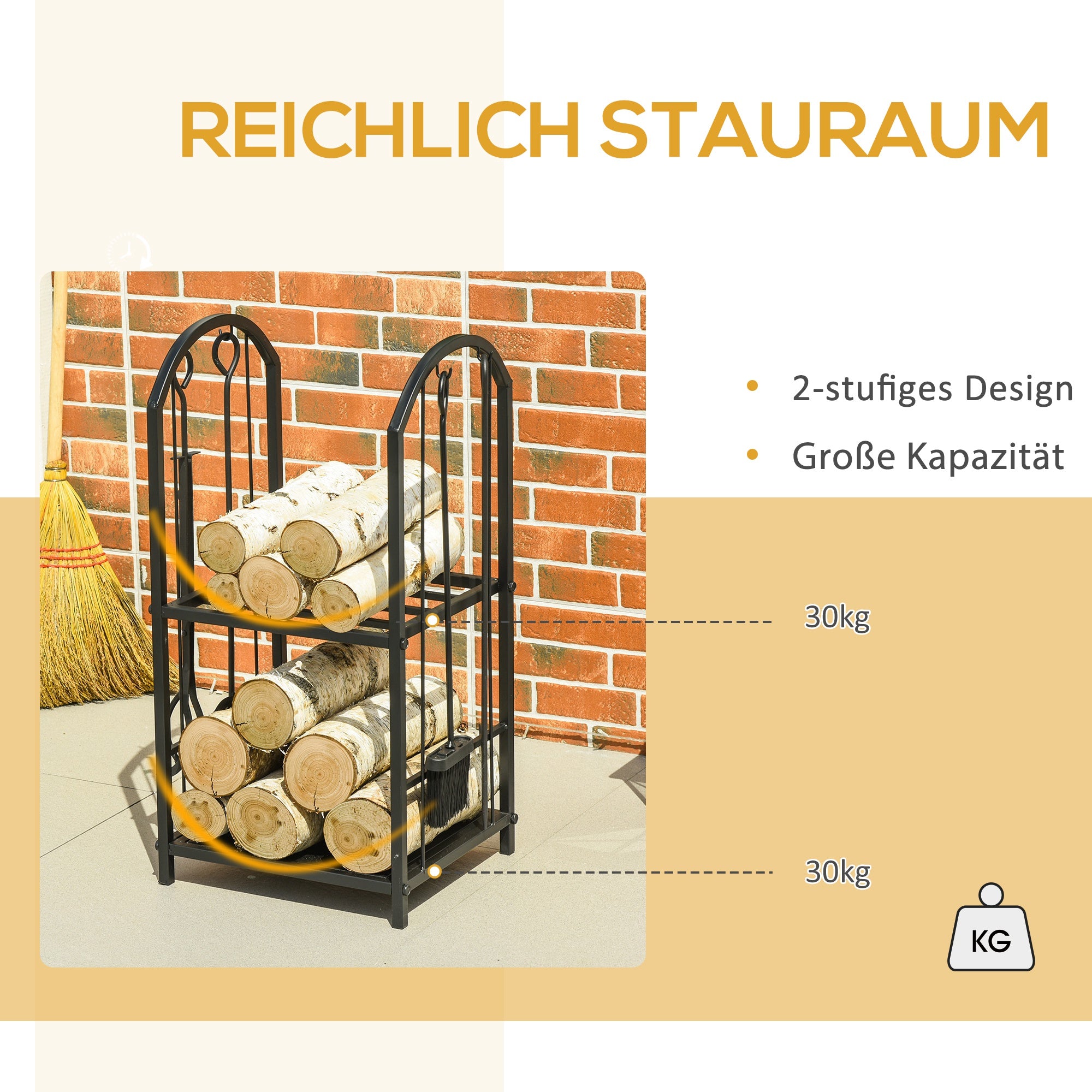 Outsunny kaminholzregal Kaminholzständer Brennholzregal mit 4 zusätzlichen Brennholzwerkzeugen Kaminbesteck 2-Ebenen-Design Feuerholzablage Kaminwerkzeug Metall Schwarz 41,5 x 32,5 x 74,5 cm