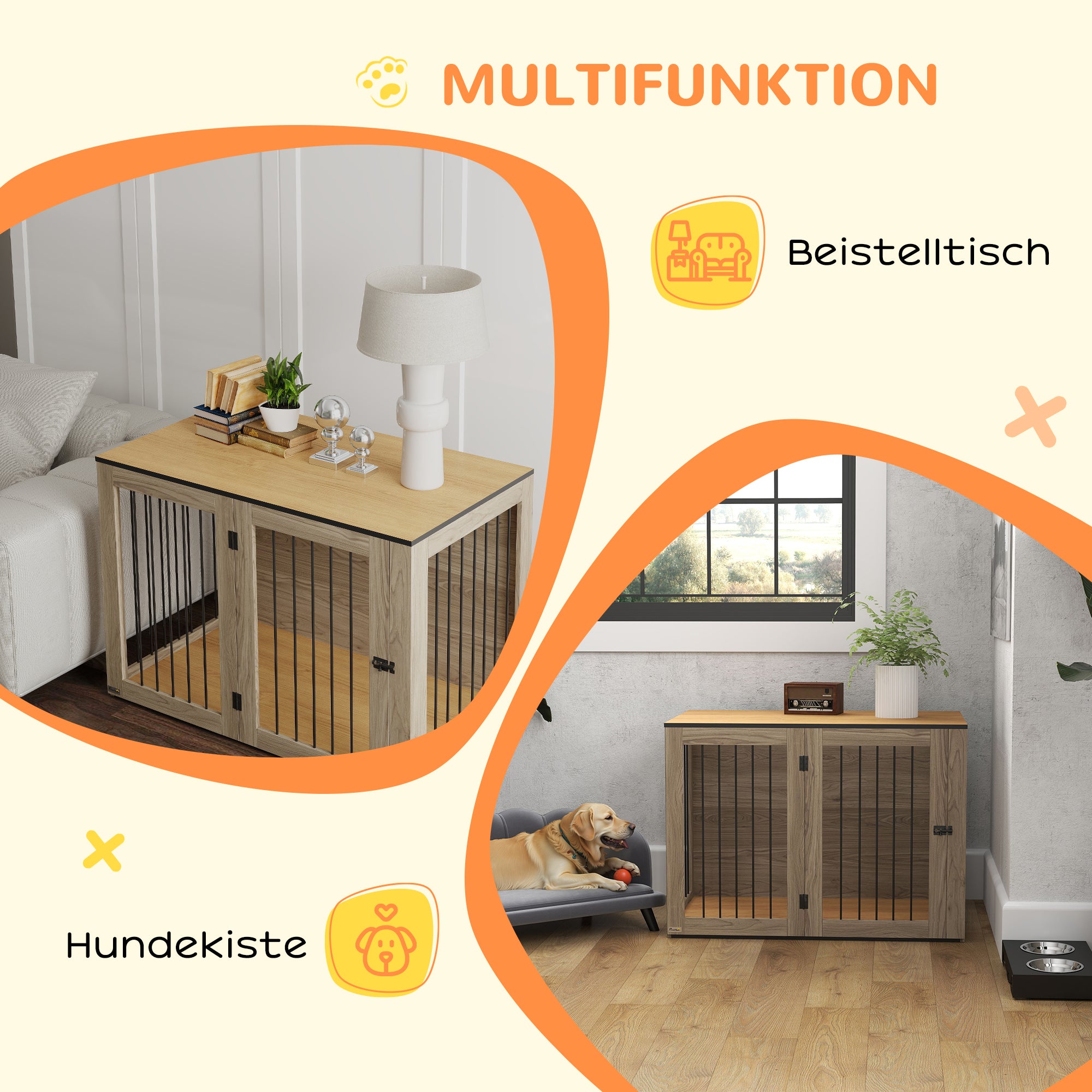 PawHut Hundebox, Haustierbox für große Hunde, Hundehütte, Indoor, 106 x 60 x 76 cm, Eiche