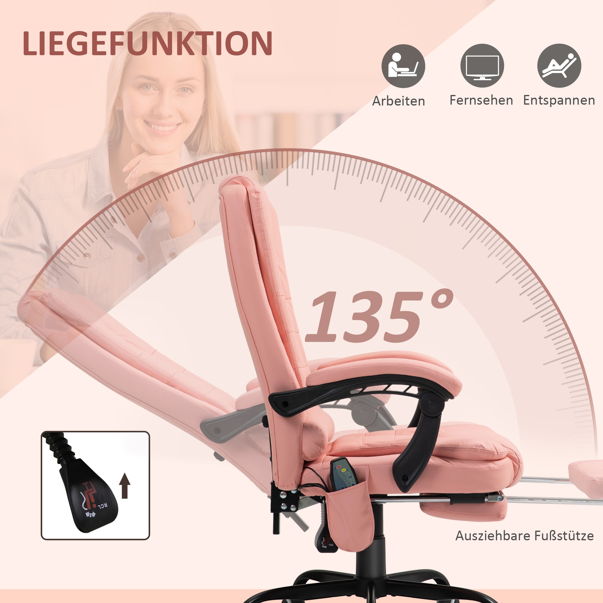 Vinsetto Massage-Bürostuhl, 7 Vibrationspunkte, verstellbare Fußstütze & Lehne, bis 120 kg, Lederoptik, Rosa