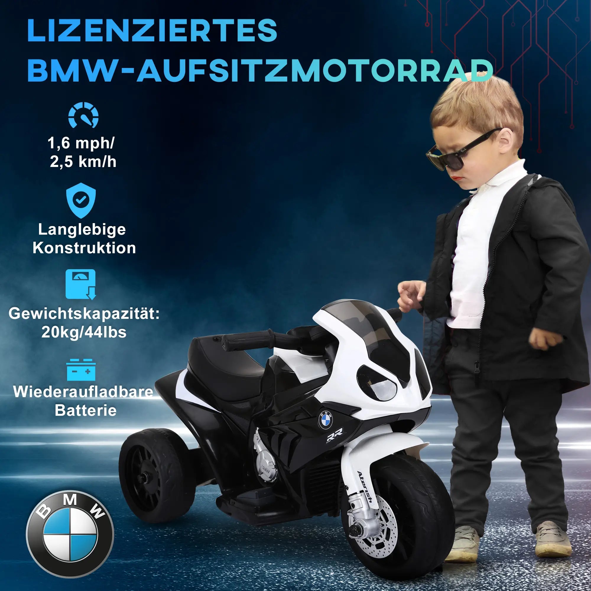 HOMCOM Elektro Kindermotorrad BMW S1000RR Elektromotorrad mit Musik, Scheinwerfer, Kinder Elektro Motorrad für Kinder von 18-36 Monaten Schwarz