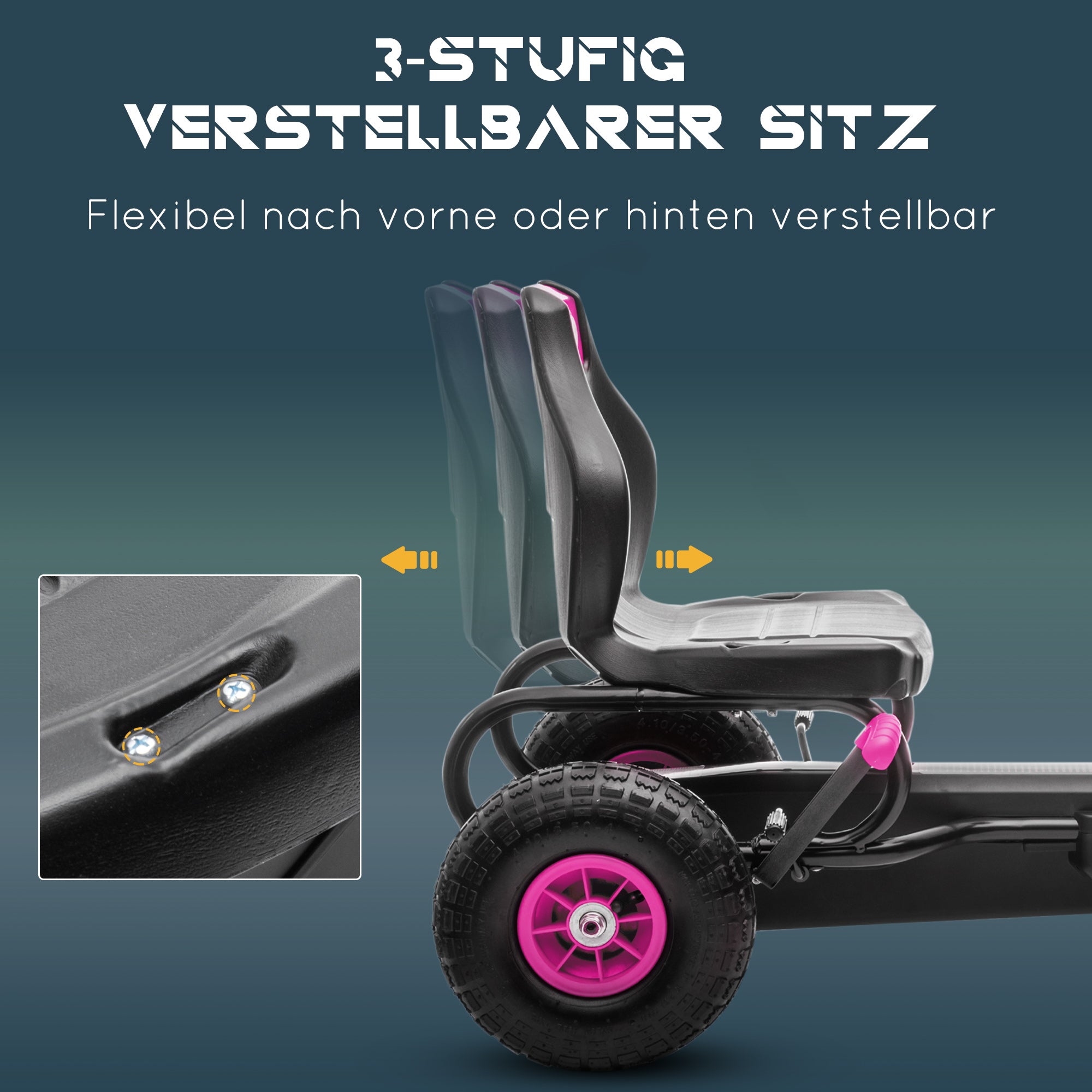 HOMCOM Kinder-Gokart, mit Pedalen, verstellbarem Sitz, In- und Outdoor, ab 5 Jahren, Rosa+Schwarz, 121 x 58 x 61 cm