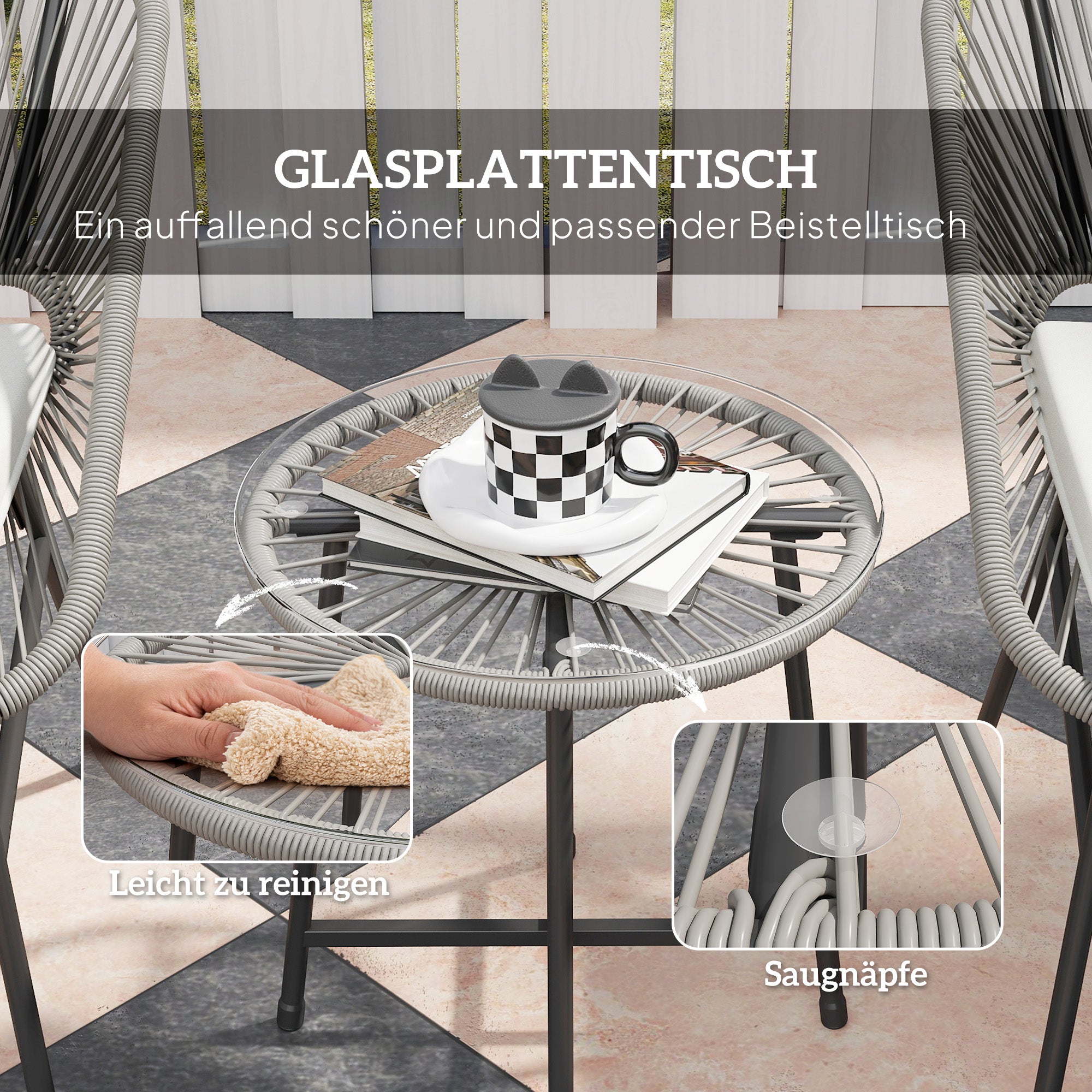 Outsunny 3-teiliges Outdoor-Möbelset, 1 Tisch, 2 Stühle, Rattan-Geflecht, Stahlrahmen, Kaffeetisch mit Glasplatte, Dunkelgrau