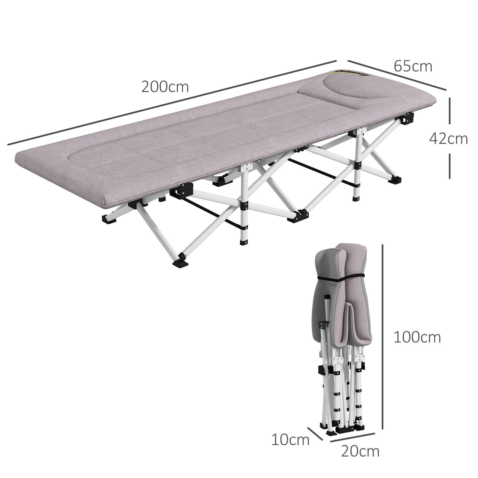 Outsunny Feldbett, Campingbett, klappbar, weich, bis 200 kg, rostfreies Metallgestell, 200x65x42cm, Grau