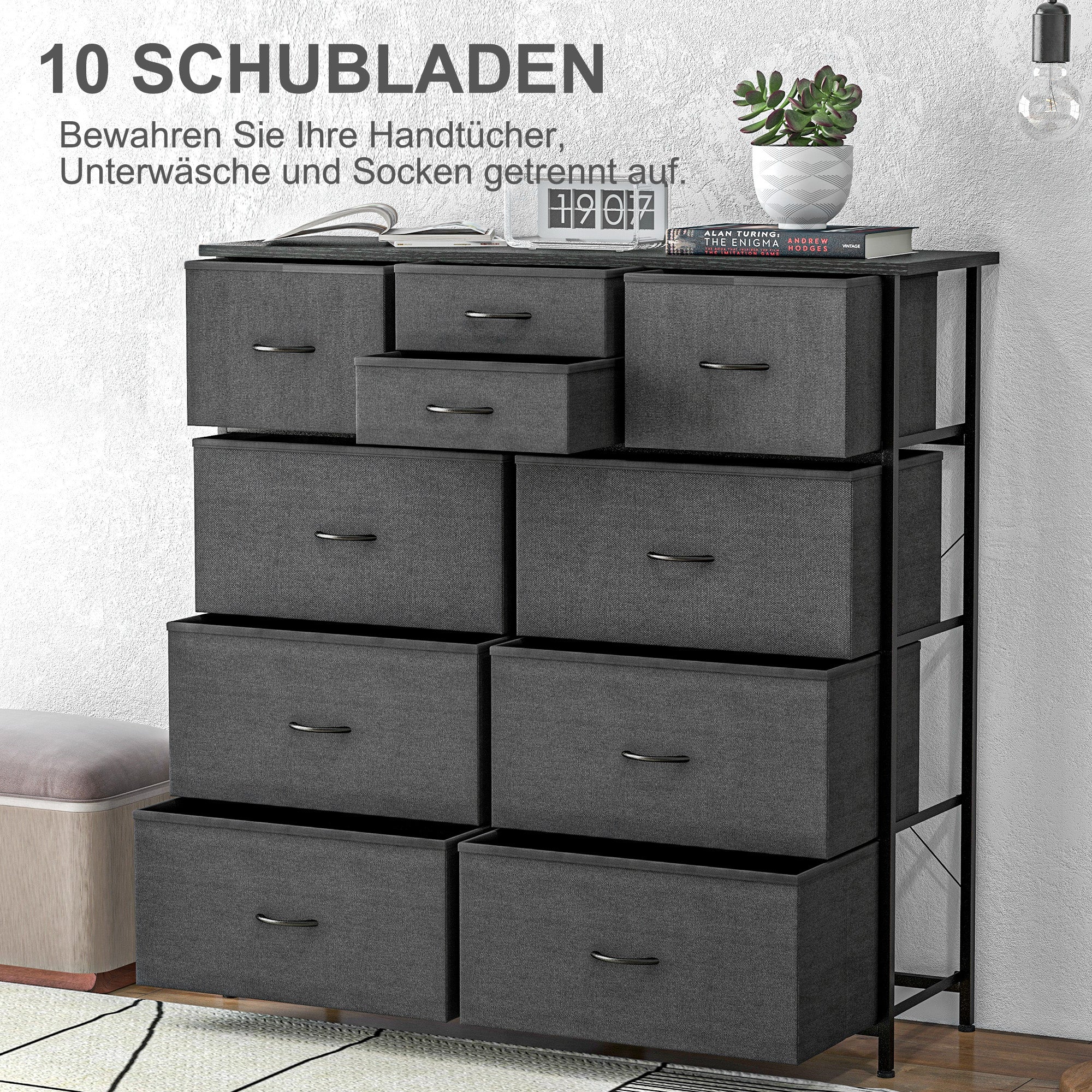 HOMCOM Kommode, Sideboard mit Stoffschubladen, 10 Fächer, Metallrahmen, 100x30x100cm, Schwarz
