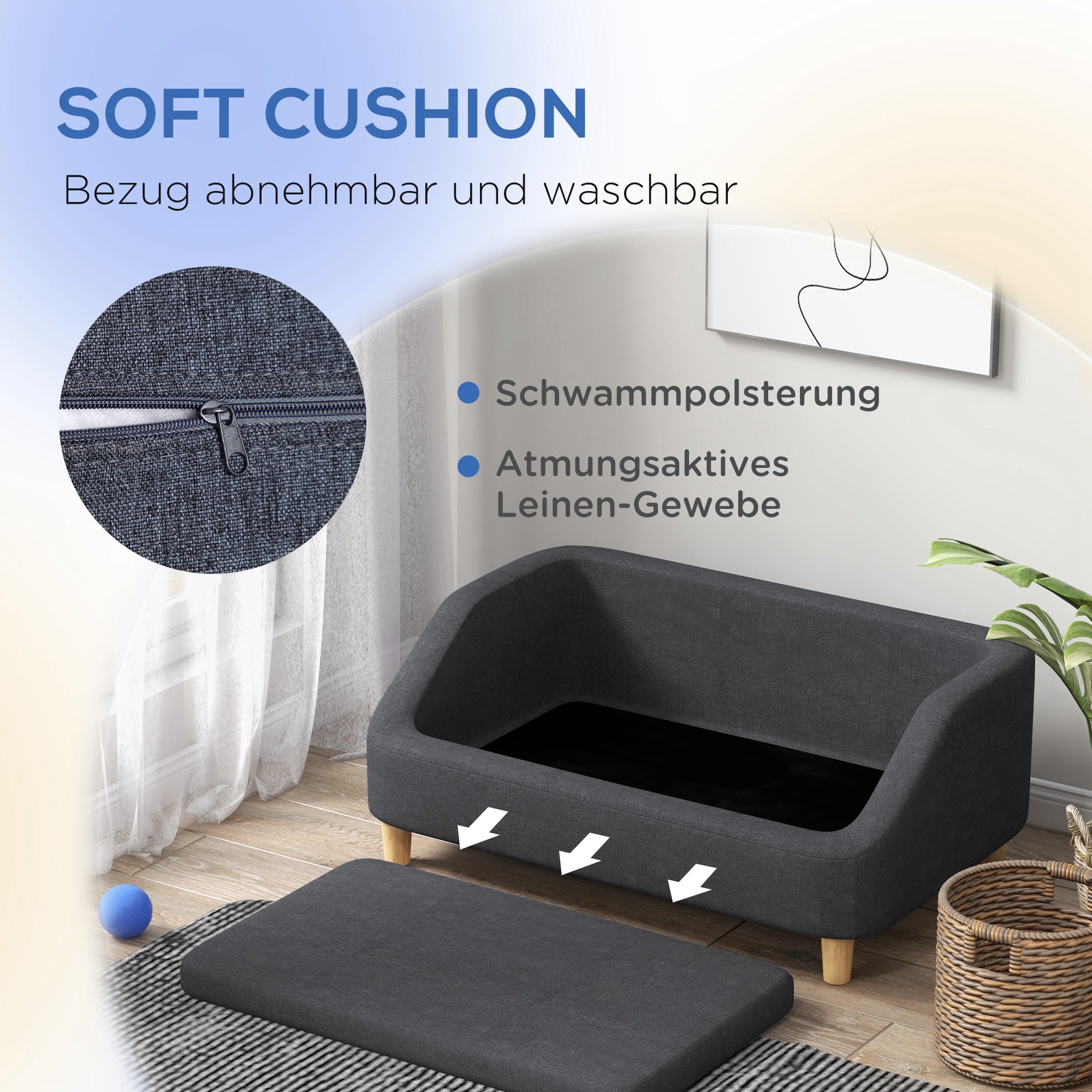 PawHut Hundesofa, Haustiersofa Katzensofa Hundebett für mittelgroße und große Hunde, Hundecouch mit Erhöhtem Design, Hundesessel mit Holzbeine, Dunkelgrau, 95 x 63 x 39 cm