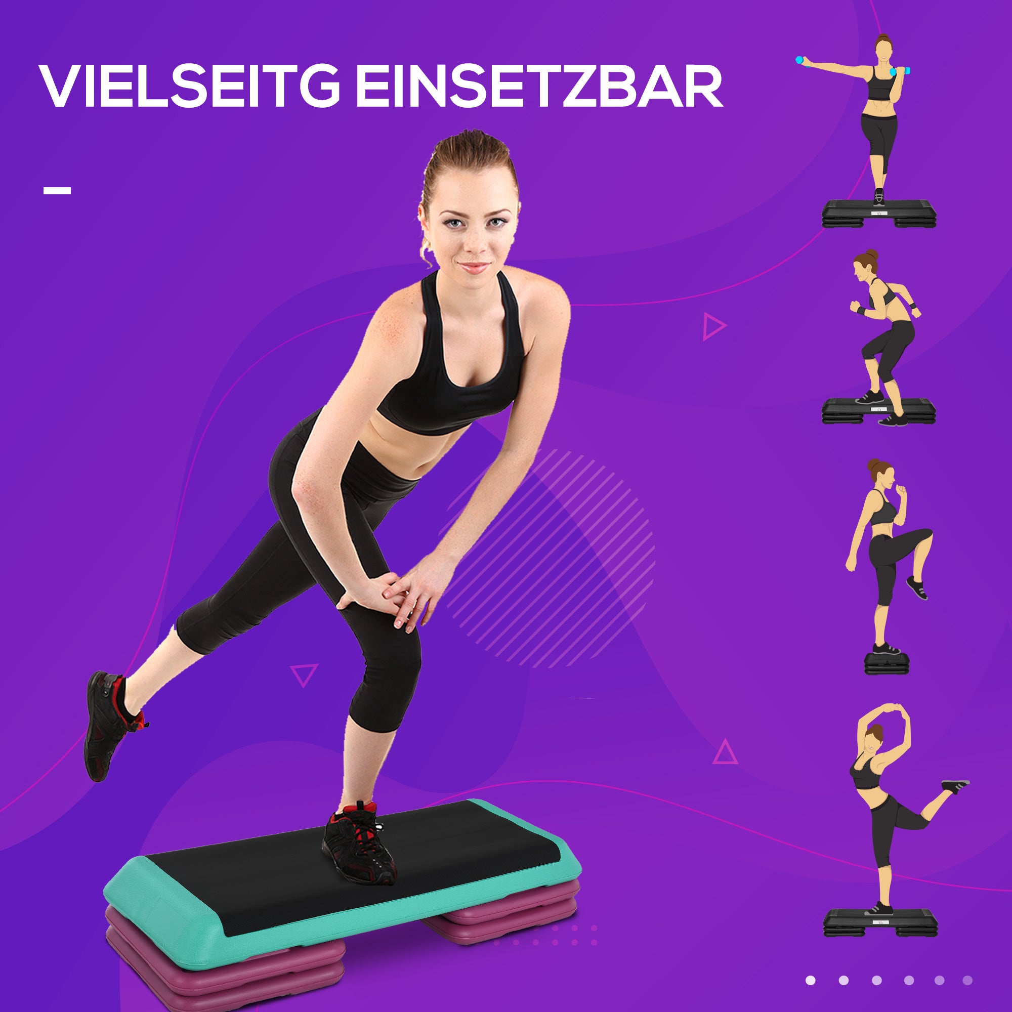 HOMCOM Steppbrett höhenverstellbar Fitness Stepper 3 Stufen (10/15/20 cm) Rutschfest Stepbench für Zuhause Fitnessstudio Büro Kunststoff Schwarz+Grün+Violett