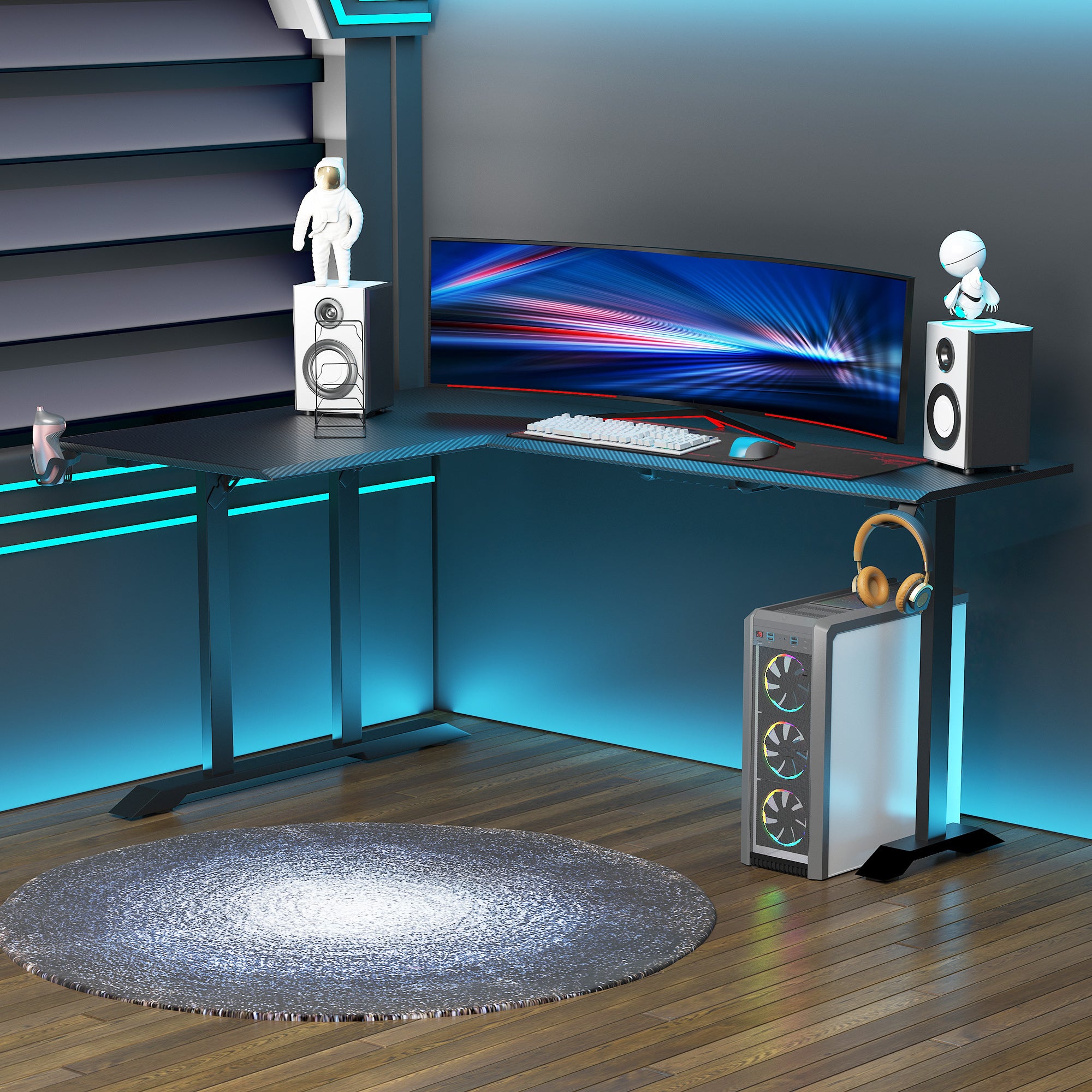 HOMCOM Gaming Tisch Schreibtisch L-förmige mit Kopfhörerhaken Getränkehalterung Computertisch MDF Metall Schwarz+Rot 168 x 109 x 78 cm