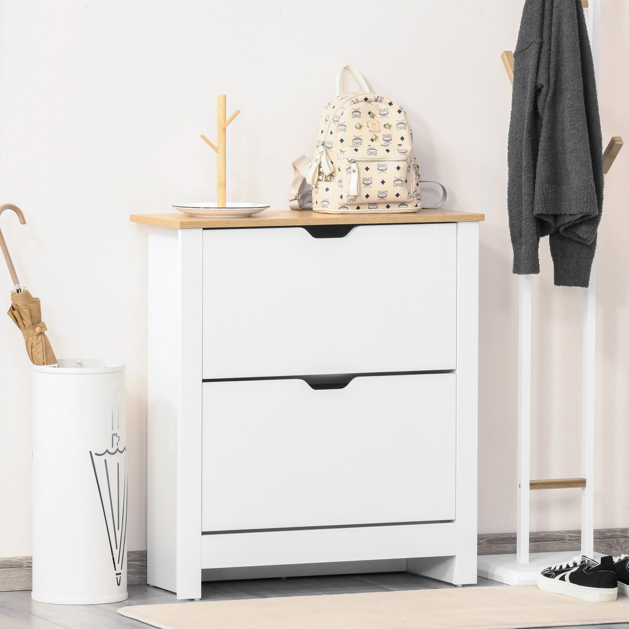 HOMCOM Schuhschrank Schruhregal Schuhaufbewahrung, 2 Fächer, 12 Paar Schuhe, 72 cm x 26 cm x 80 cm, Weiß + Braun