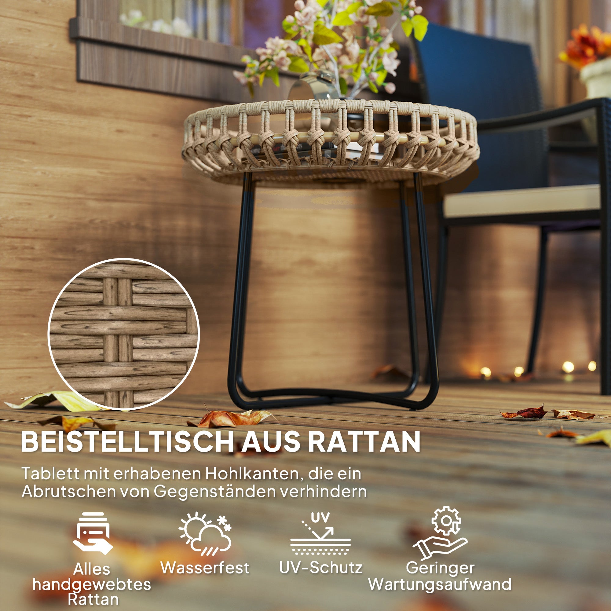 Outsunny 2er Set Beistelltisch Polyrattan Ø60/41 cm rund wetterfest Gartentisch mit X-Beine Verstellbare Fußpads Braun