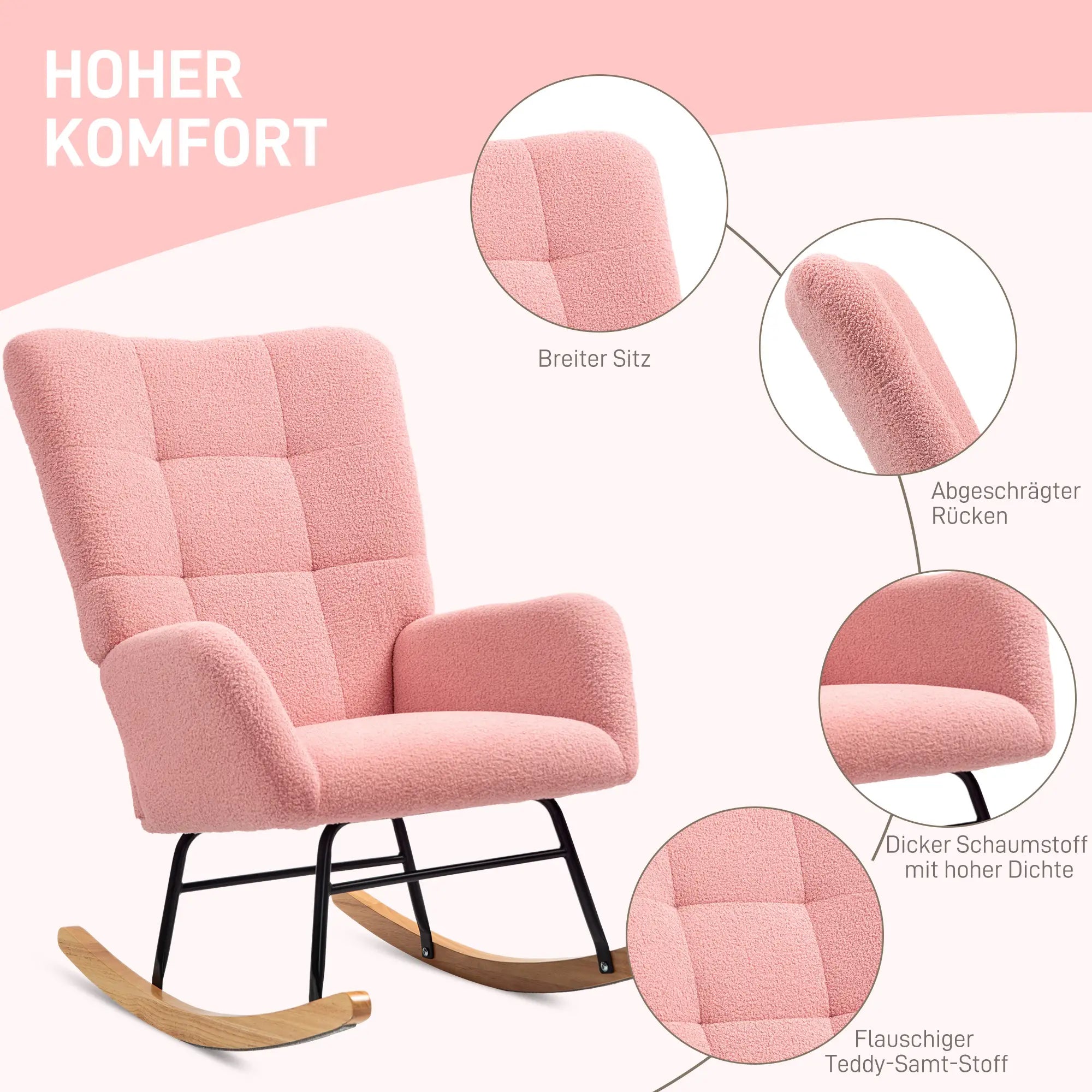 HOMCOM Schaukelstuhl, kuscheliger Bezug, dicke Polsterung, rutschfest, Rosa