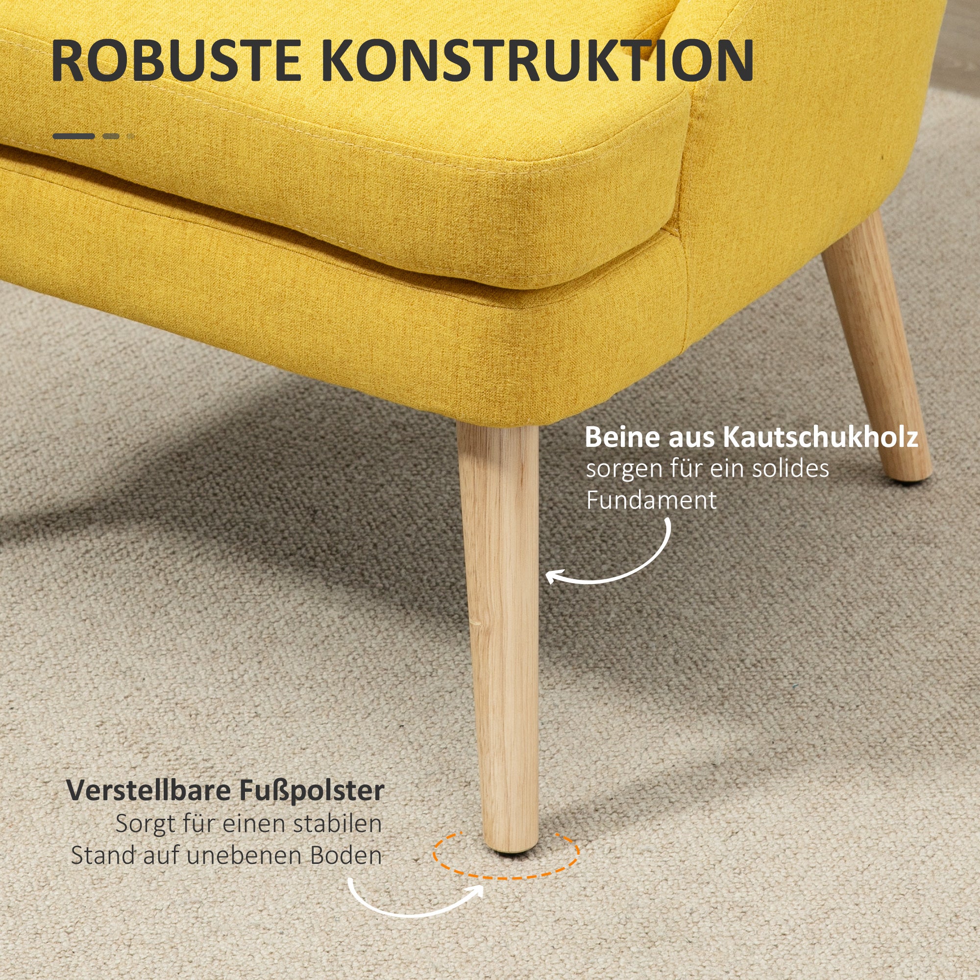 HOMCOM Sessel Loungesessel mit Leinenoptik, Armlehne, Gepolstert Relaxsessel mit Holzbeine, für Wohnzimmer, Schlafzimmer, Gelb