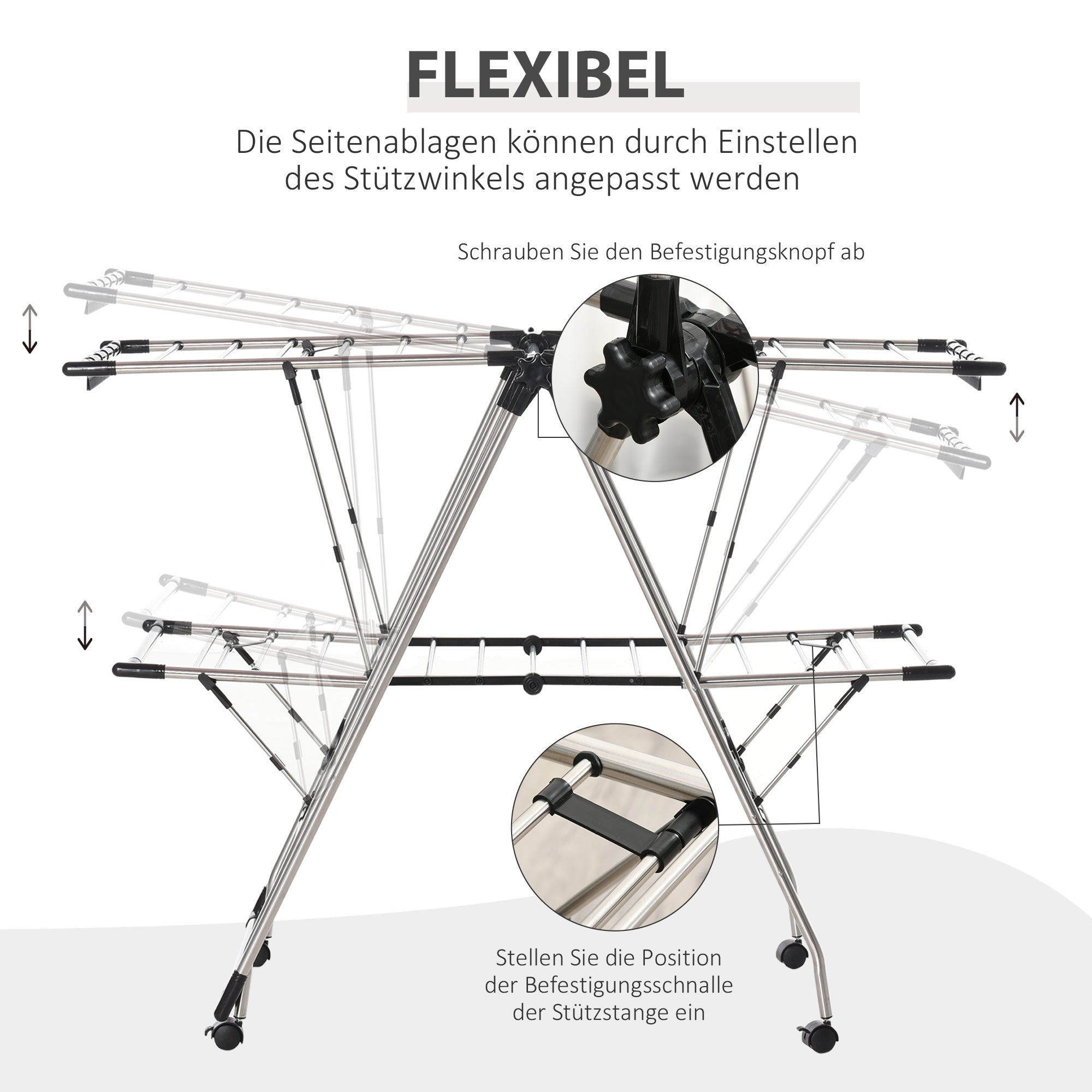 HOMCOM Wäscheständer 1,385 m Trockenlänge tragbar Standtrockner mit Teleskopstangen, Rollen und Bremsen Wäschetrockner Flügelwäscheständer für Innen und Außen, Silber+Schwarz