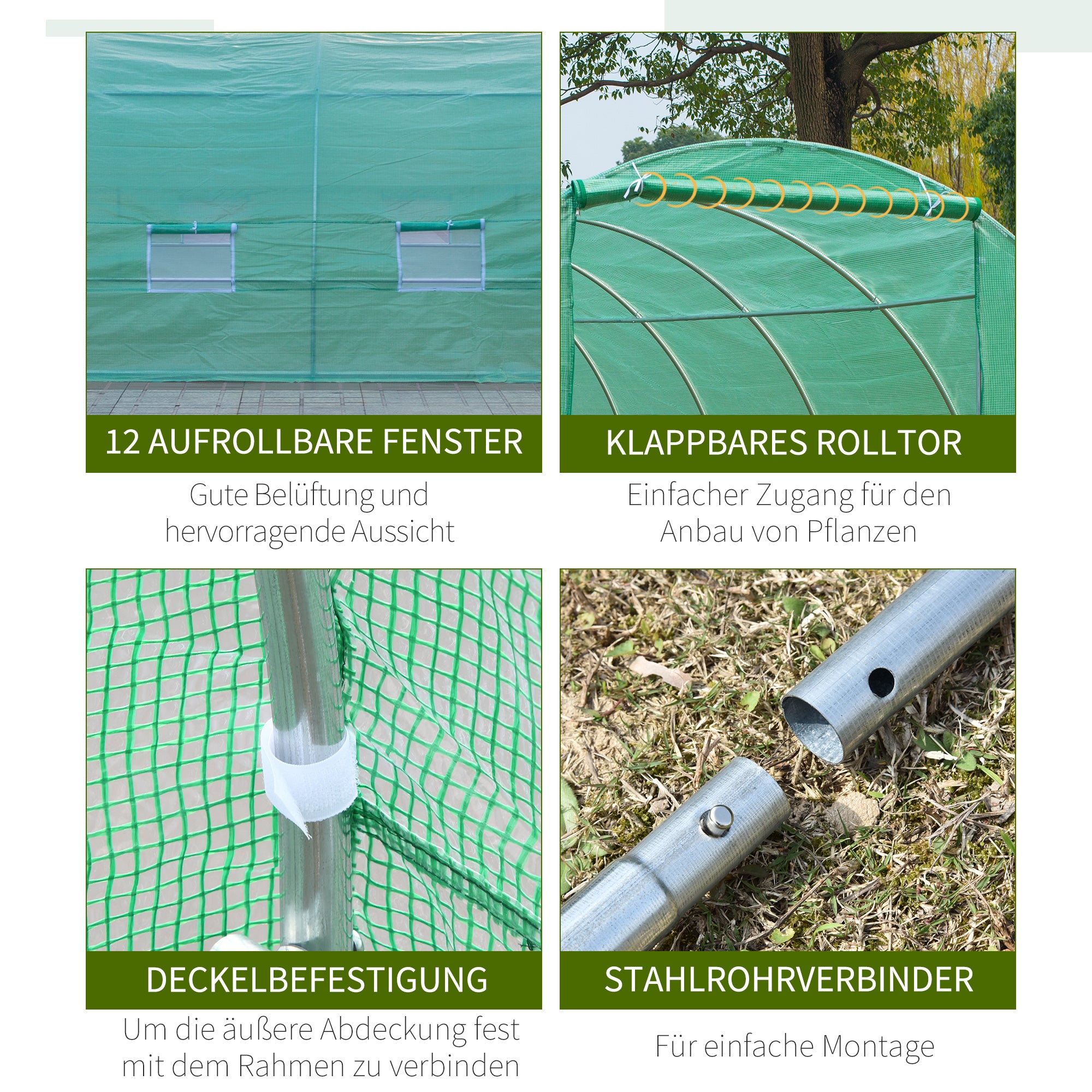 Outsunny Gewächshaus 800x300x200cm Foliengewächshaus Tomatenhaus mit Tür, 12 Fenster, Folientunnel aus verzinktem Stahl, PE, stabiles Treibhaus Pflanztunnel, inkl. Erdanker & Seilen, Grün