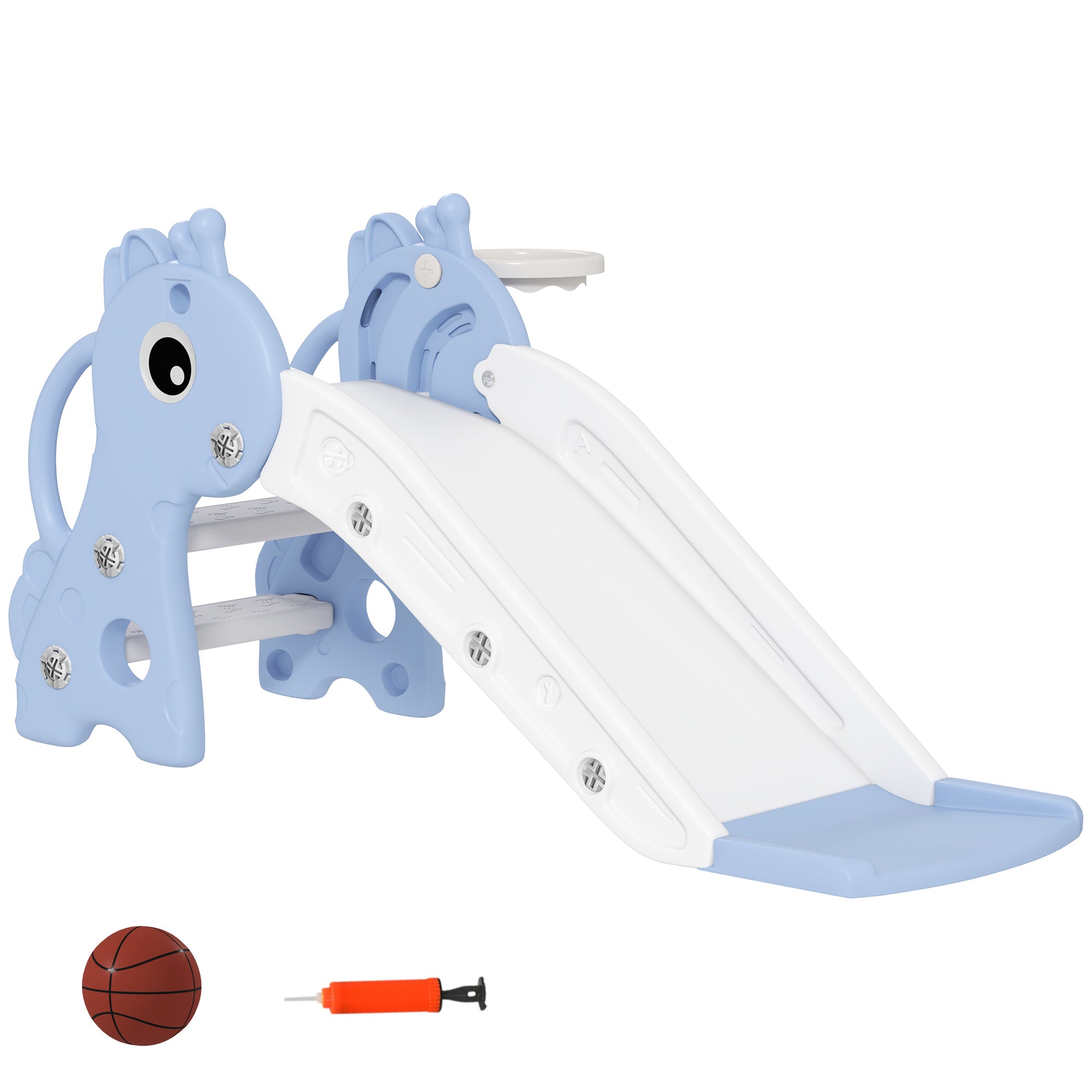 AIYAPLAY 3-in-1 Rutsche für Kinder, Giraffenform, Basketballkorb, Ball, Blau