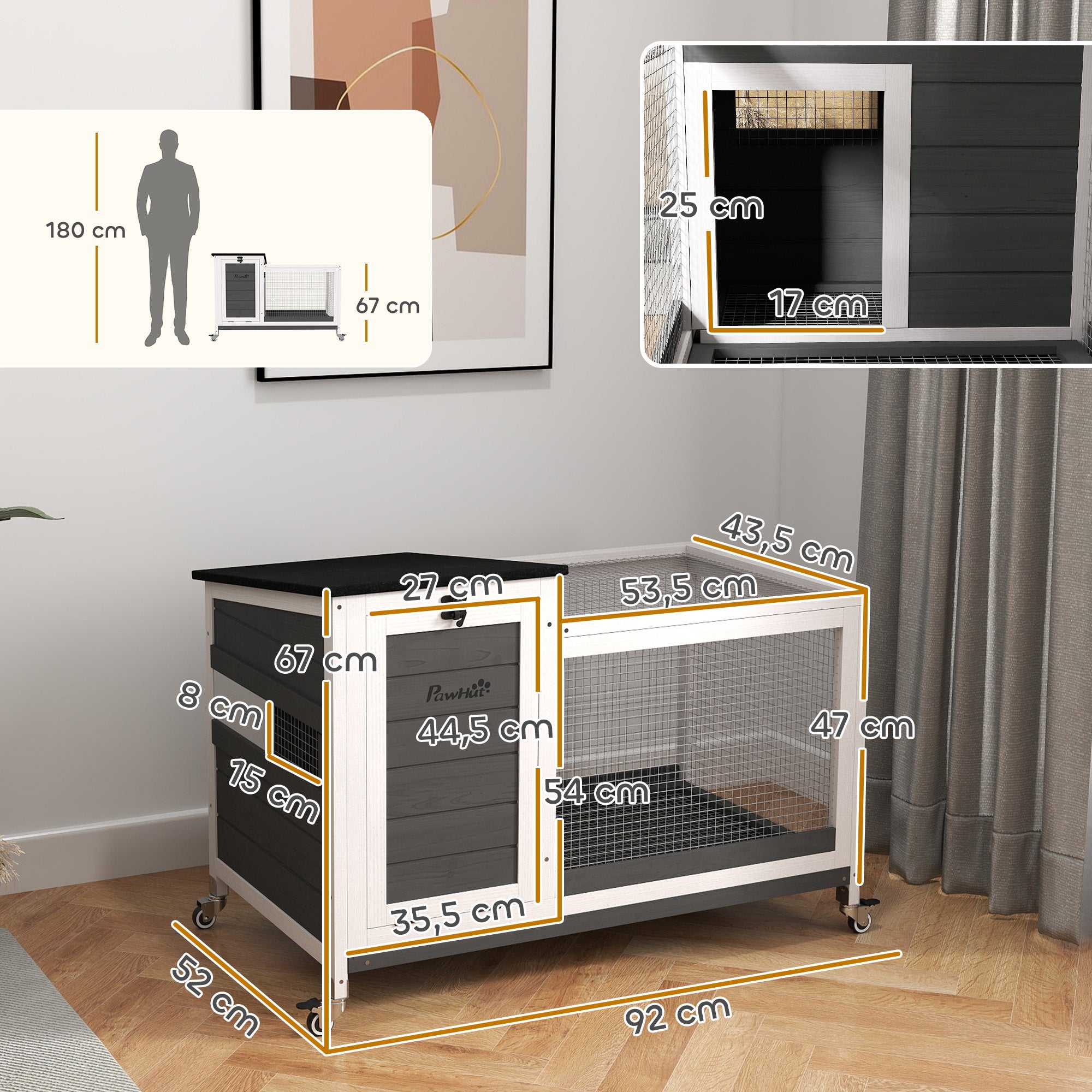 PawHut Kaninchenstall aus Holz Hasenstall mit Freilaufgehege Rädern Klappdach für Innen, draußen 92 x 52 x 67 cm Dunkelgrau