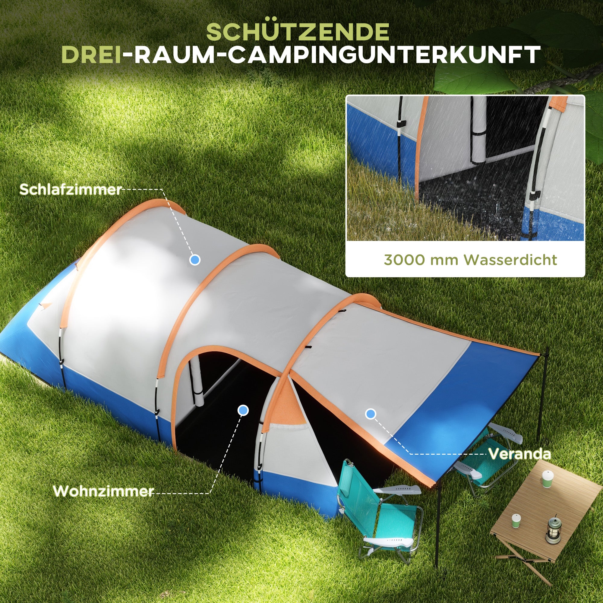 Outsunny Campingzelt, für 3 Personen, Laternenhaken, drei Eingänge, wasserdicht, Orange
