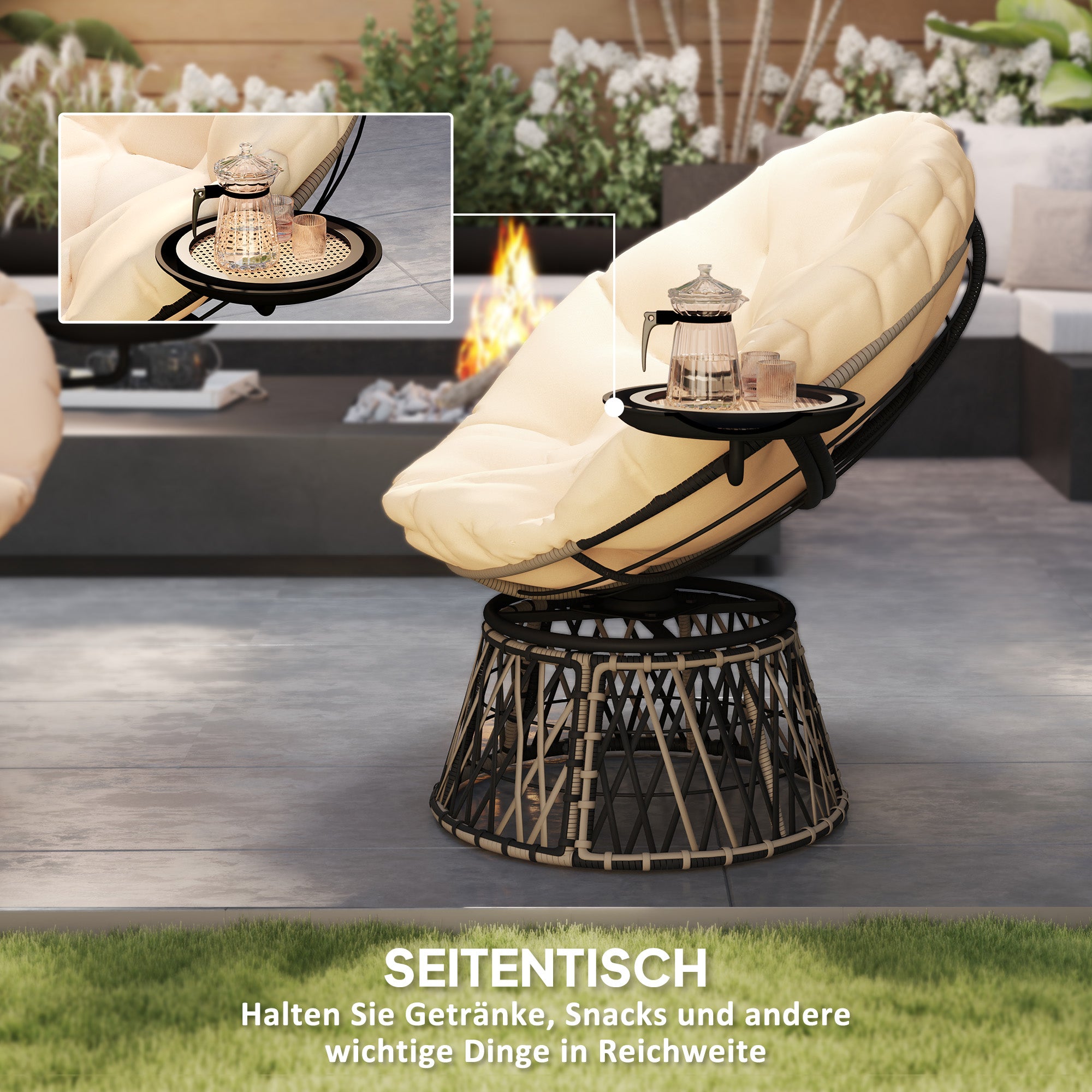 Outsunny Papasansessel Rattan 360° drehbar Korbsessel mit Kissen Durchmesser 90 cm runder Beige