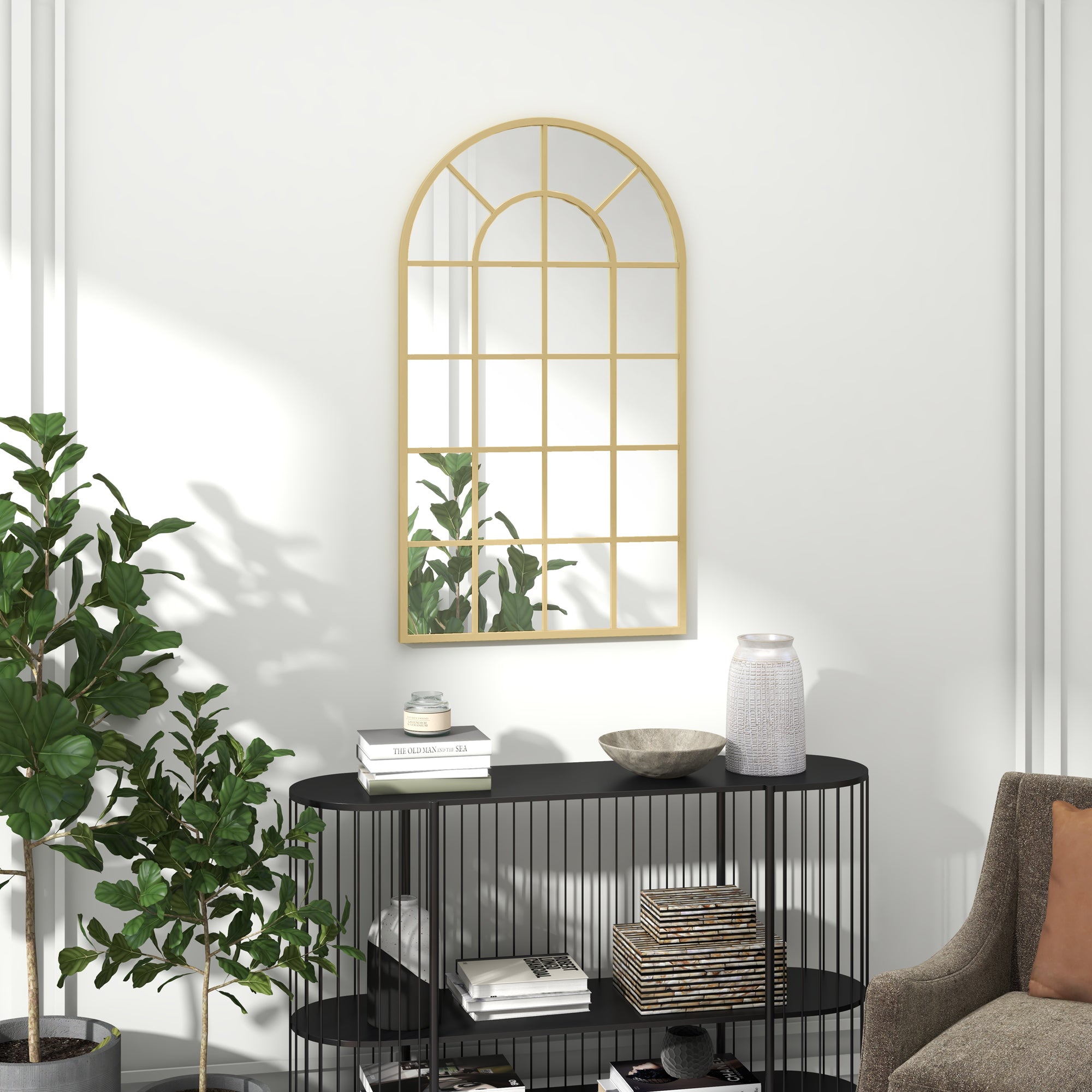 HOMCOM Wandspiegel, Fenster-Design, Flurspiegel, Metallrahmen, 110 x 65 cm, Gold