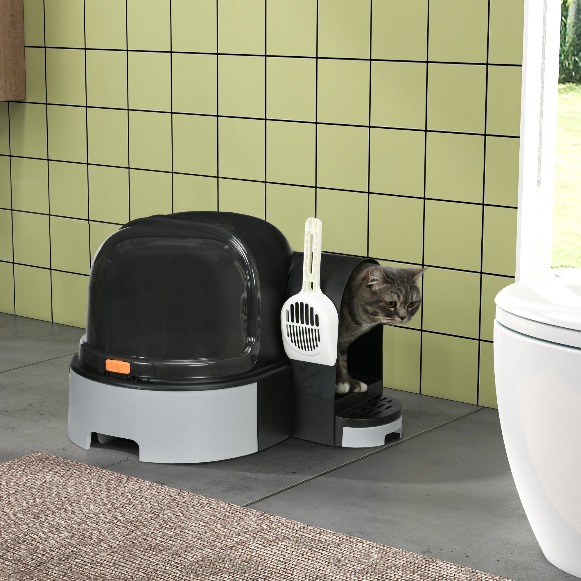 PawHut Katzentoillete Katzenklo, 2 herausziehbare Bodenwannen, 1 Schaufel, Streuauffangfach, Grau + Schwarz