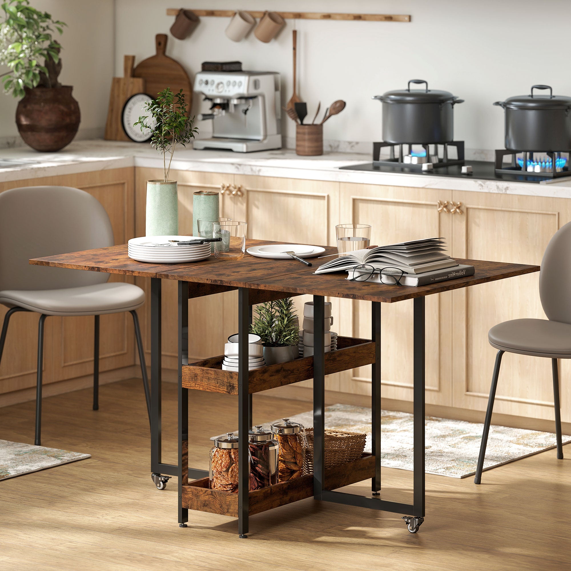 HOMCOM Klappbarer Esstisch im Industriedesign, für bis zu 4 Personen, offene Regale, flexibel, Metall, Spanplatte, Braun