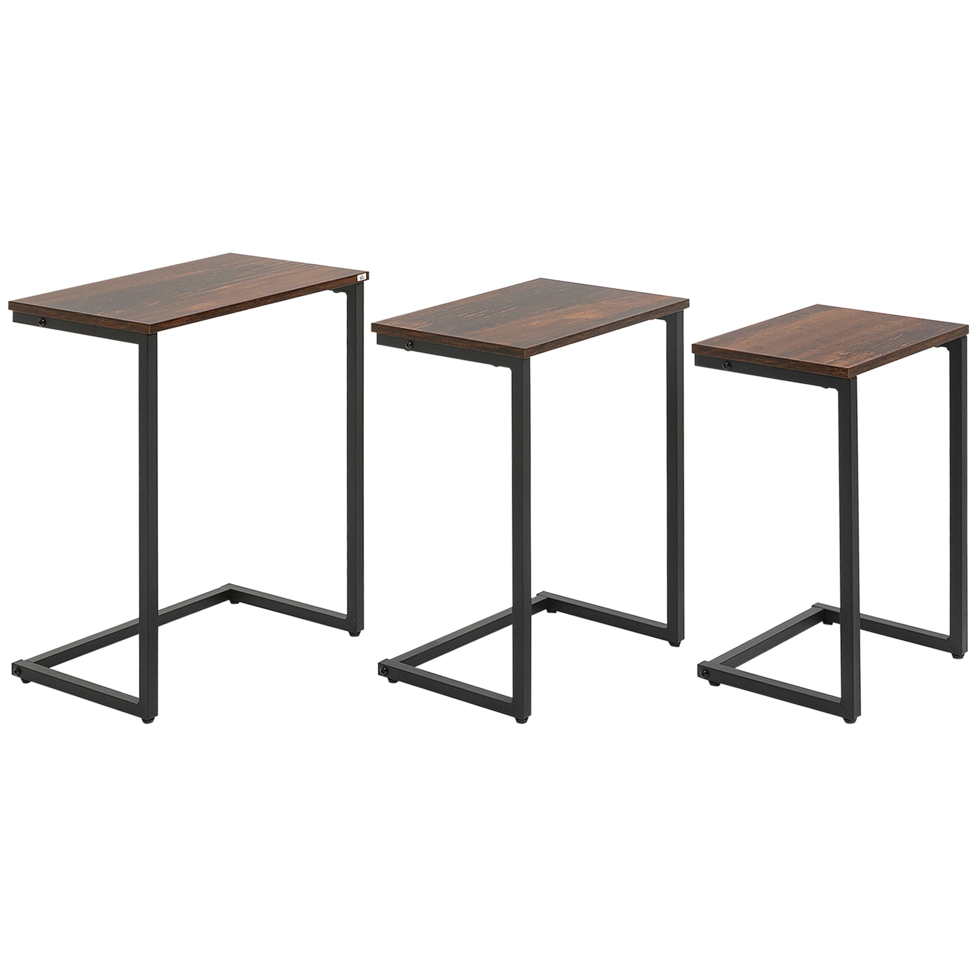 HOMCOM Satztisch, Beistelltisch, 3er-Set, Industrial Design, Stahlrahmen, braun+schwarz, 45 x 30 x 60cm