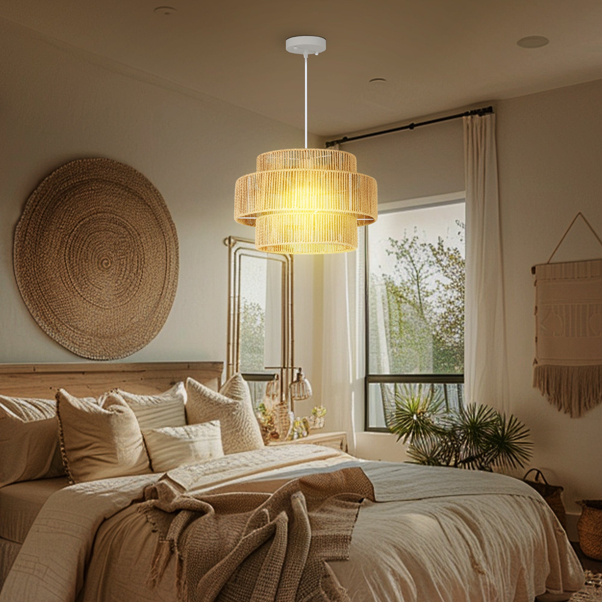 HOMCOM Hängelampe, 3-stufiger Lampenschirm, Metall, Hanfseil, Hellbraun