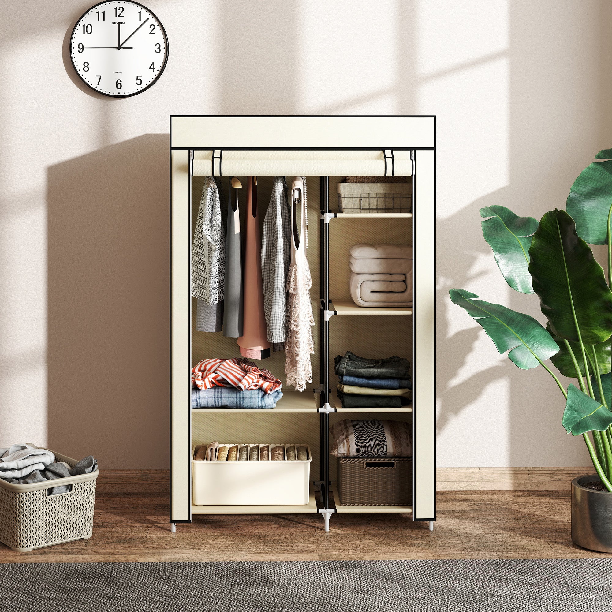 HOMCOM Schrank aus Stoff, Aufbewahrungslösung, 6 Regale, 1 Kleiderstange, Beige