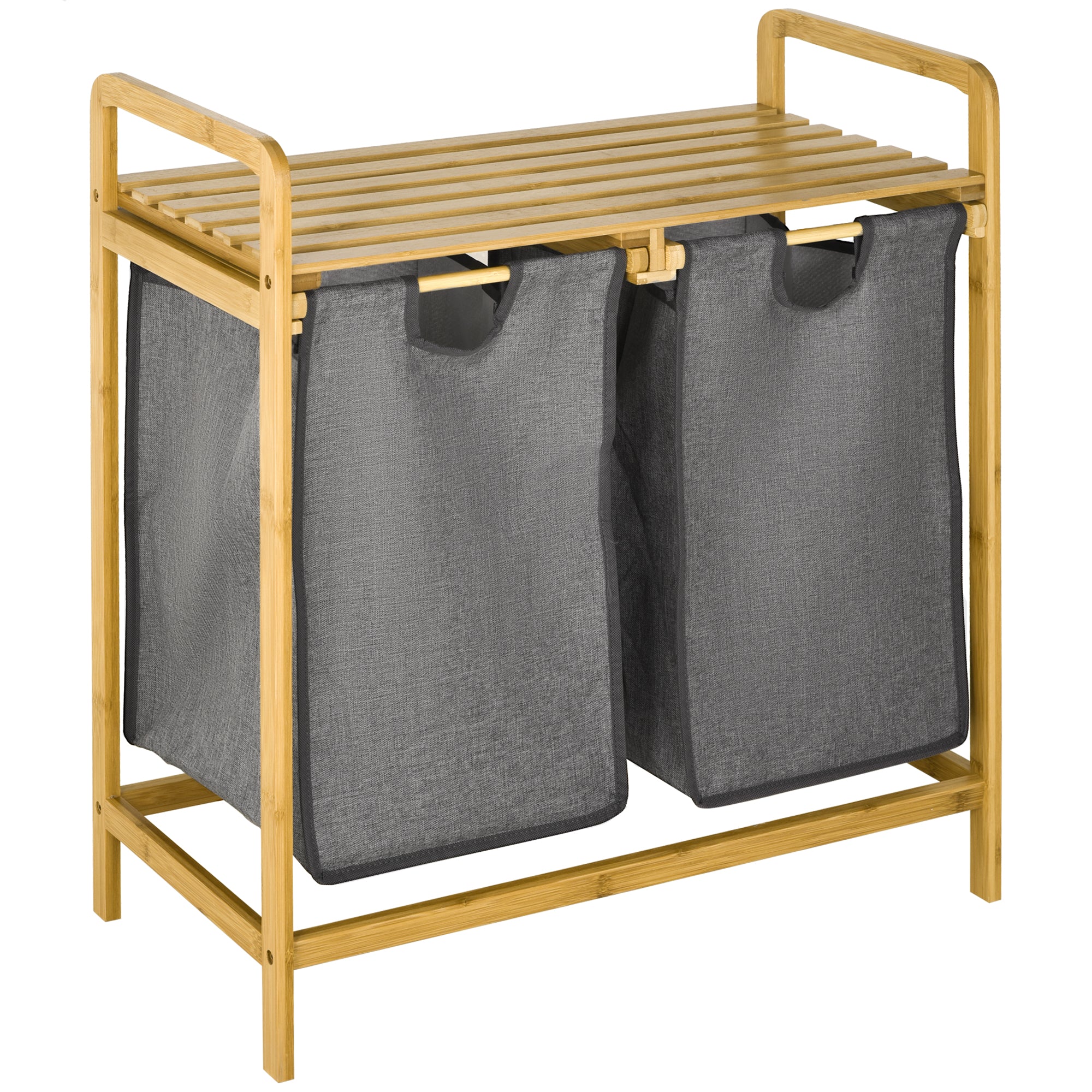HOMCOM Wäschesammler Wäschekorb, 2 Wäschesäcke, 2 Griffe, Bambus, 63,5 x 33 x 73 cm, Grau + Natur