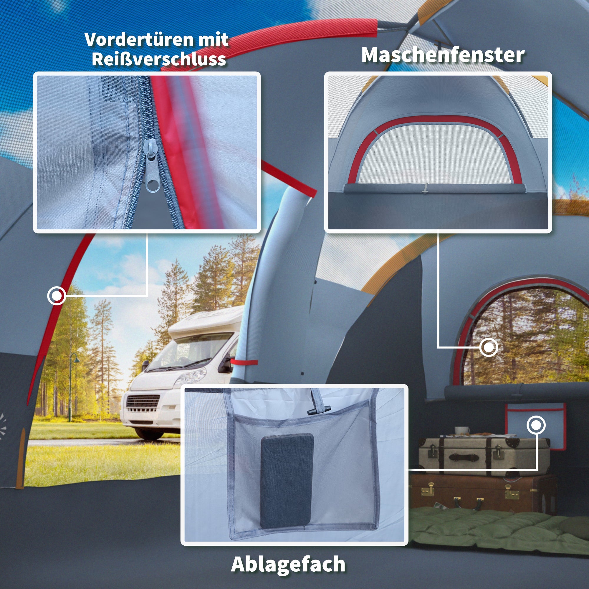 Outsunny Campingzelt für 5-6 Personen stabil wasserdicht Familienzelt mit Eingang Fenster Packtasche, Zelt mit 3000mm Wassersäule Tunnelzelt Kuppelzelt für Camping Reise Garten, Hellgrau