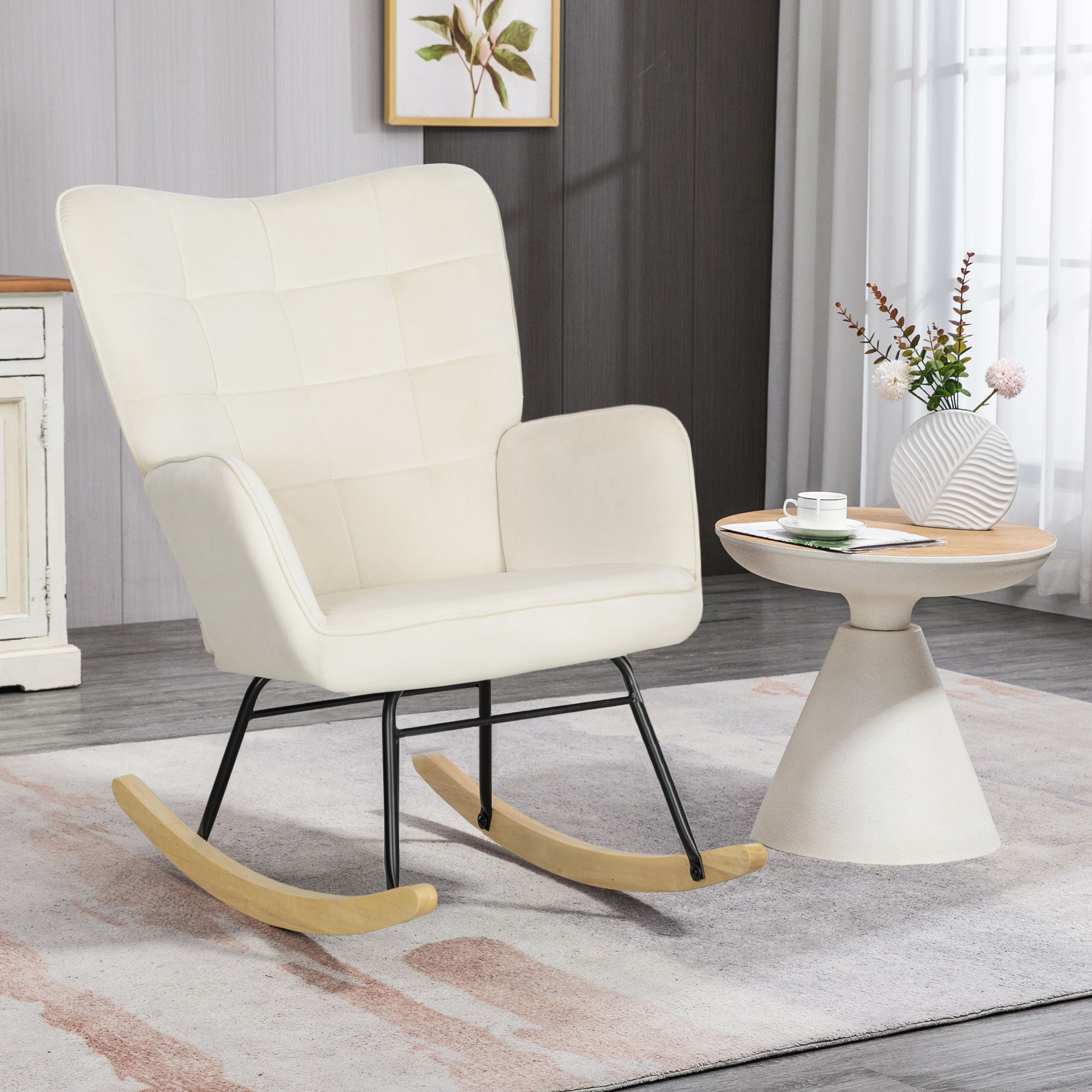 HOMCOM Schaukelstuhl, dicke Polsterung, breite Rückenlehne, Buchenholz/Stahlrahmen, bis 120 kg, Beige